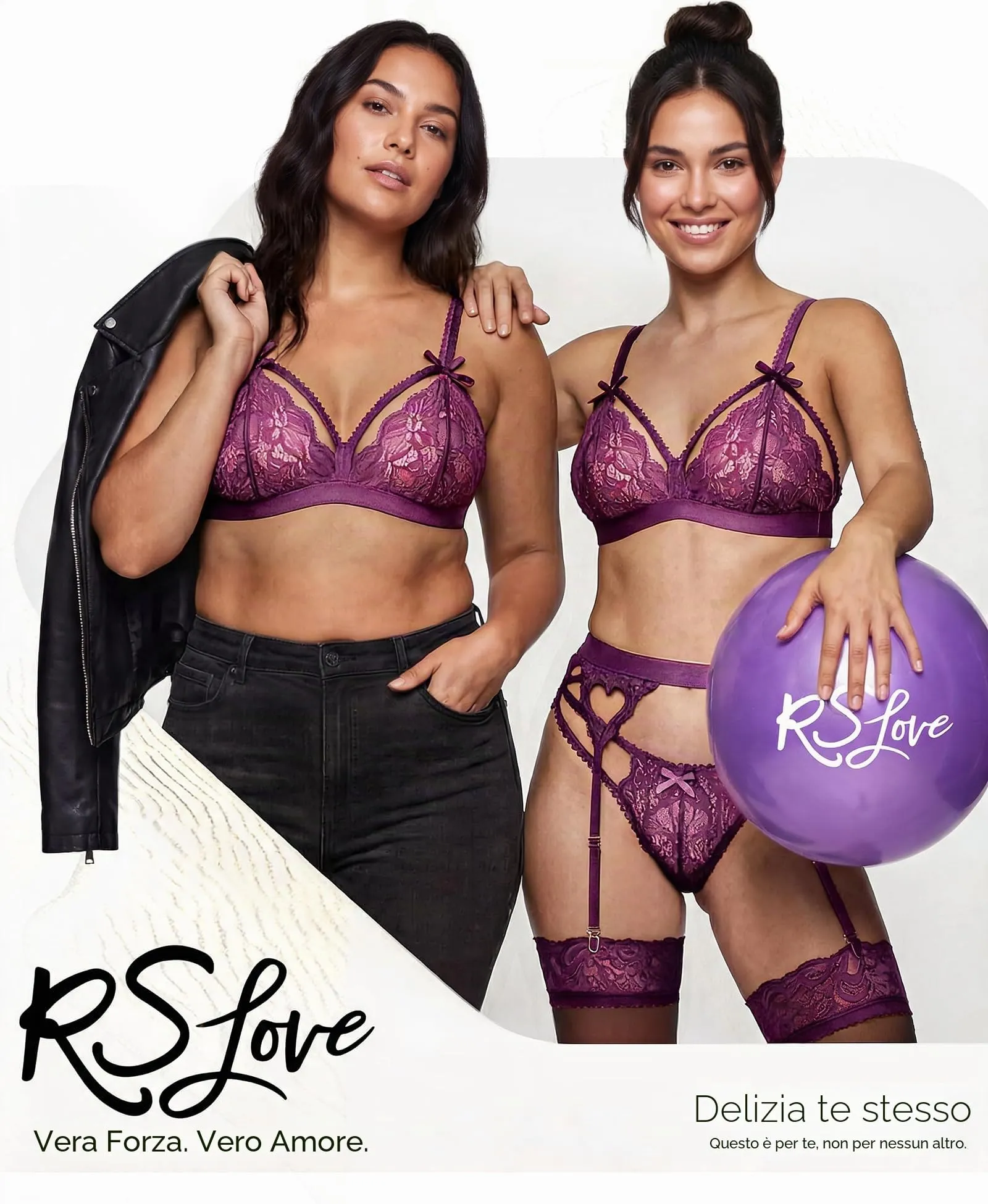 RSLOVE Set Lingerie in Pizzo 3 Pezzi con Body e Reggicalze, Viola, M - immagine 5