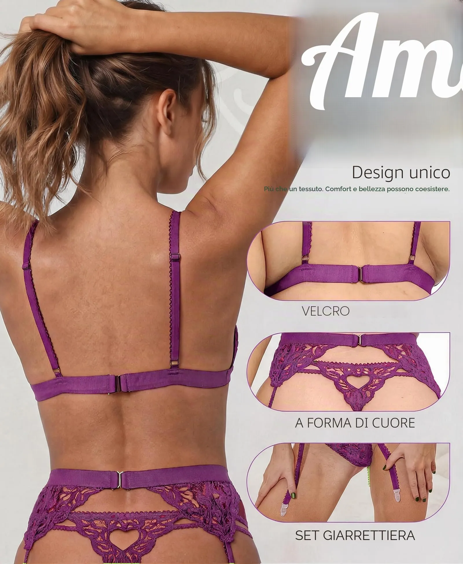 RSLOVE Set Lingerie in Pizzo 3 Pezzi con Body e Reggicalze, Viola, M - immagine 7