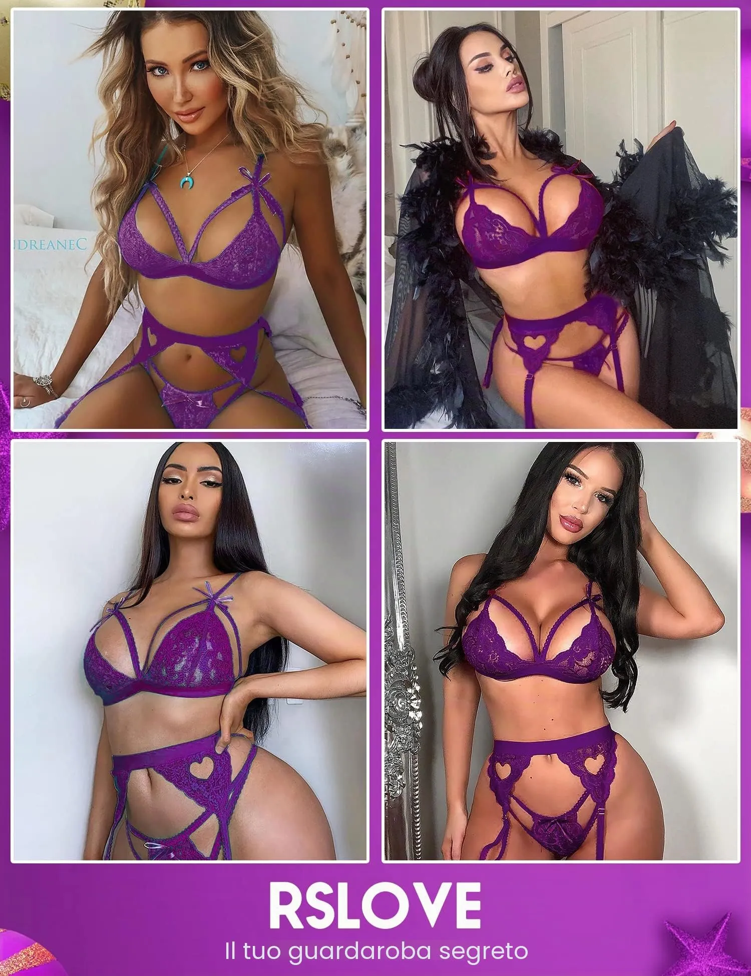 RSLOVE Set Lingerie in Pizzo 3 Pezzi con Body Teddy e Reggicalze, Viola, L - immagine 2