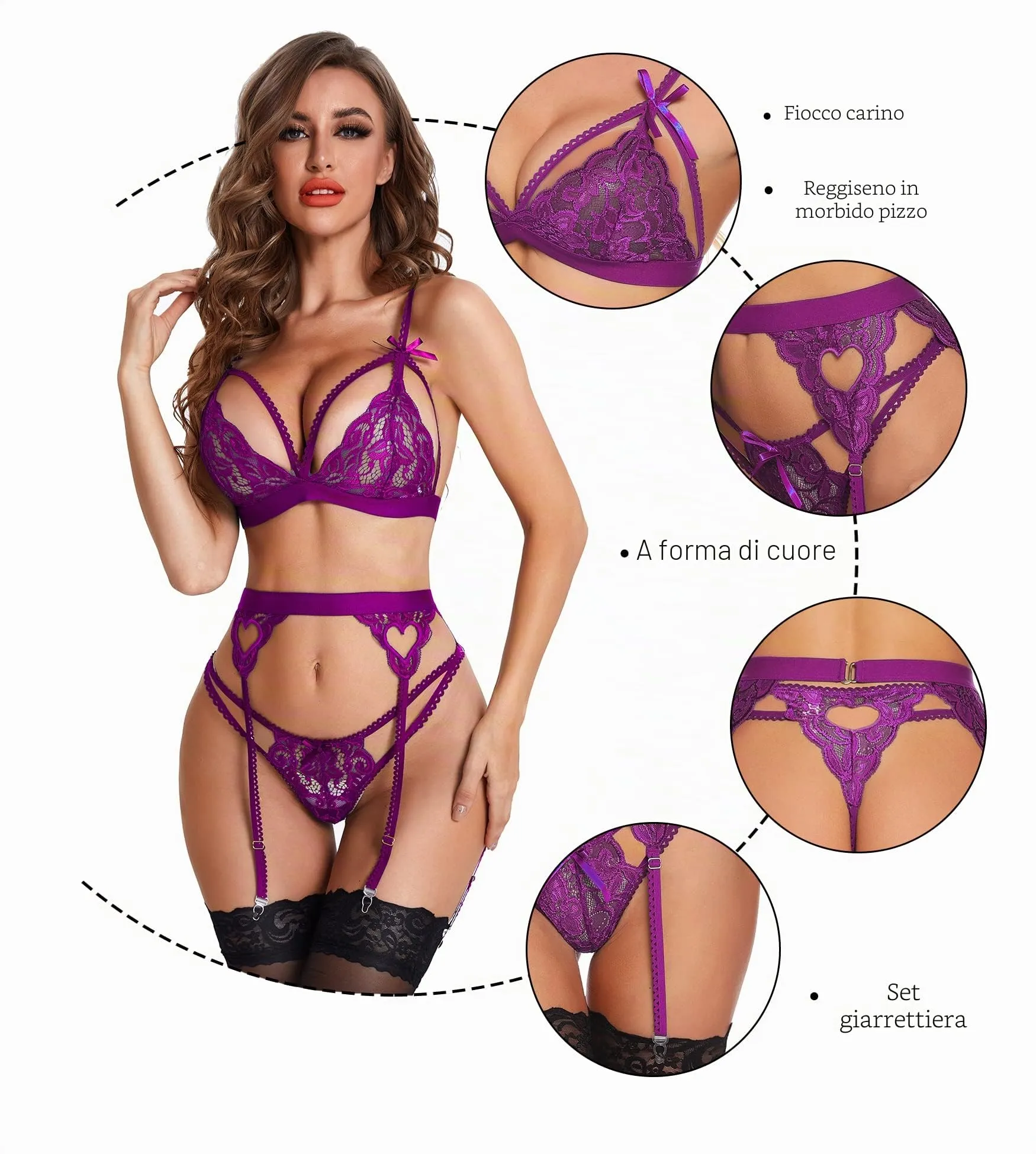 RSLOVE Set Lingerie in Pizzo 3 Pezzi con Body Teddy e Reggicalze, Viola, L - immagine 4