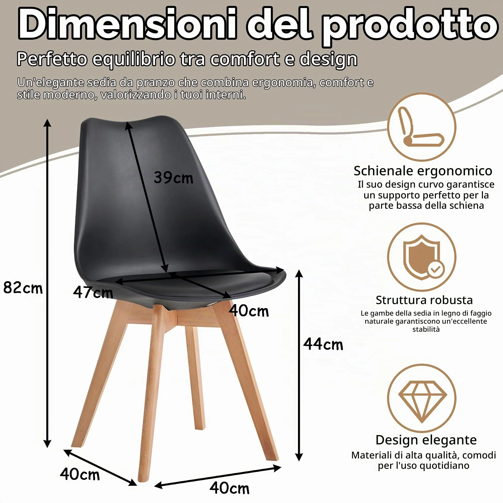 GrandCA HOME Set di 2 Sedie Imbottite con Gambe in Legno di Faggio, Nero - immagine 2