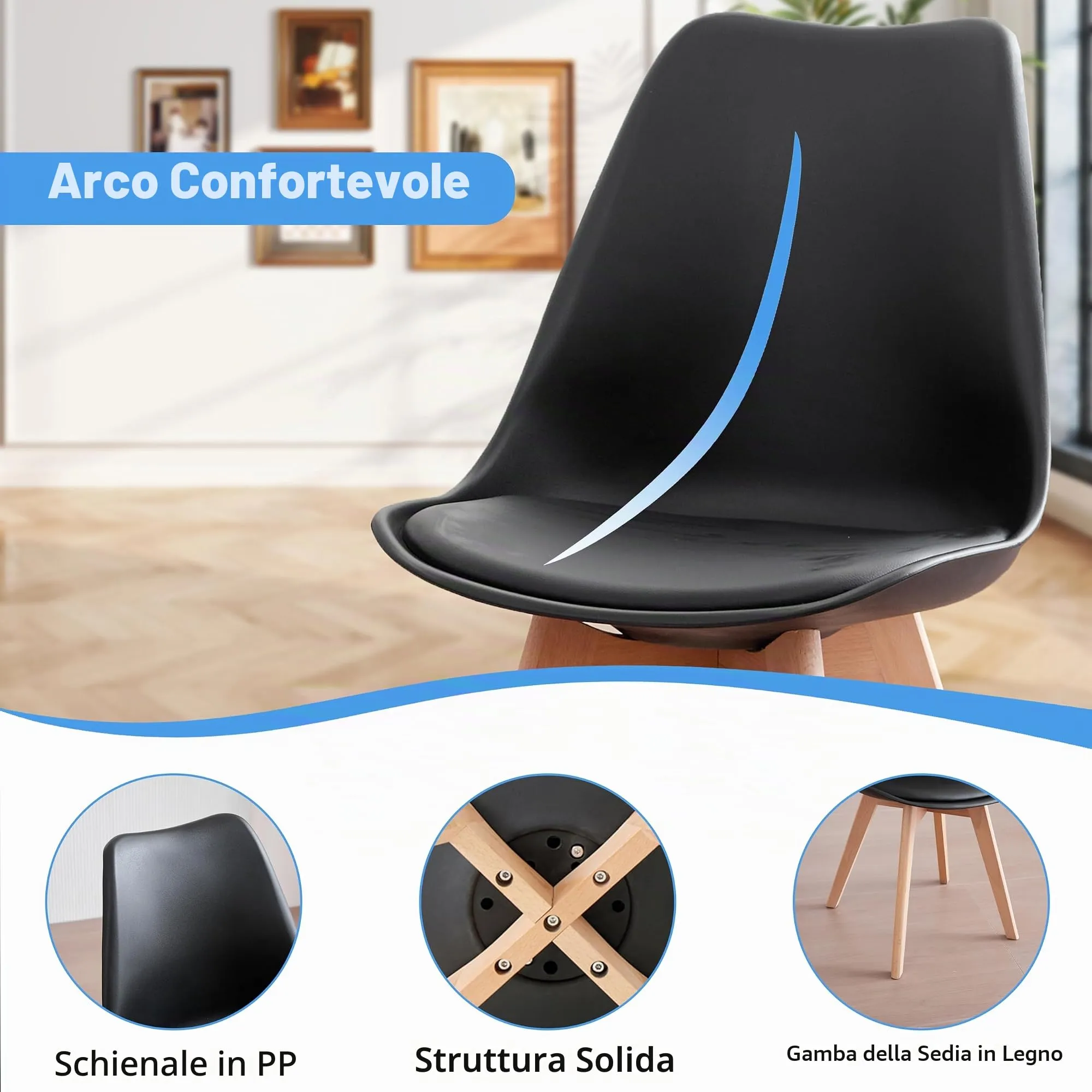 GrandCA HOME Set di 2 Sedie Imbottite con Gambe in Legno di Faggio, Nero - immagine 5
