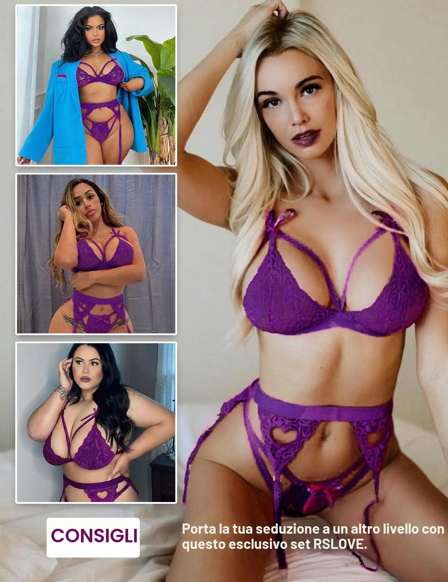 RSLOVE Set Lingerie in Pizzo 3 Pezzi con Reggicalze e Body, Viola, XL - immagine 3