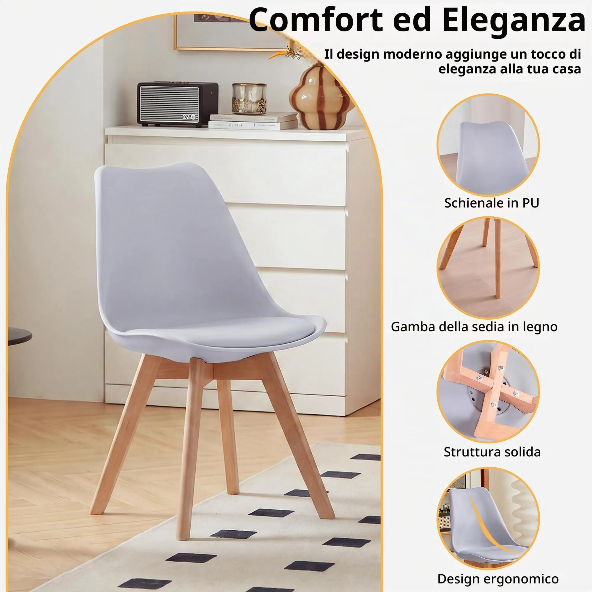 GrandCA HOME Set di 2 Sedie Imbottite con Gambe in Legno di Faggio, Grigio - immagine 5