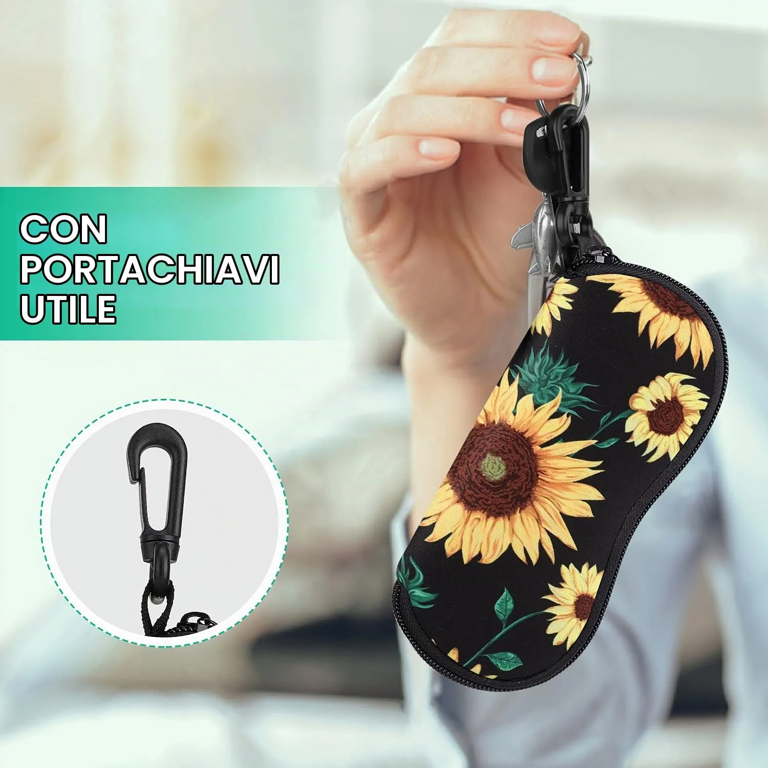 MoKo Custodia per Occhiali in Neoprene con Clip da Cintura, Girasole - immagine 4