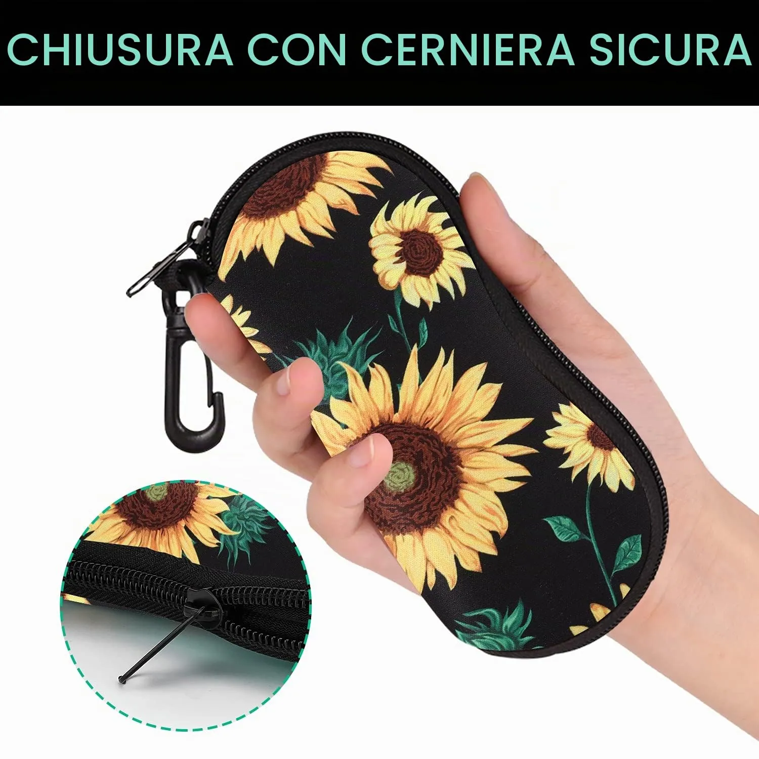 MoKo Custodia per Occhiali in Neoprene con Clip da Cintura, Girasole - immagine 5