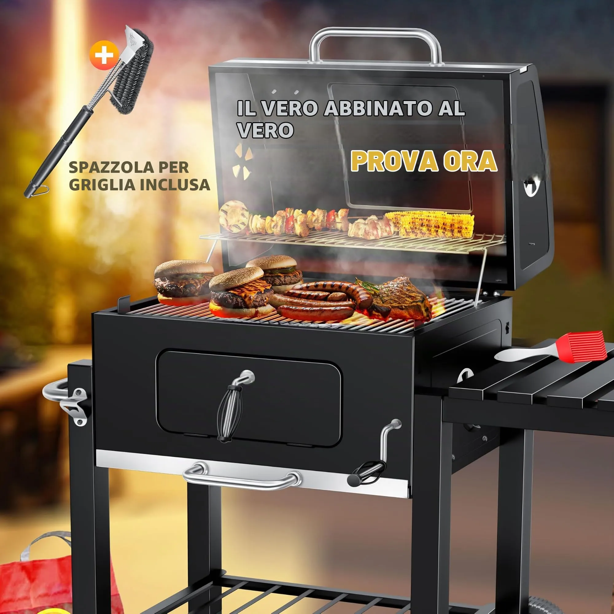 KESSER Barbecue con Carrello XL a carbonella con Coperchio, Ruote, Termometro e Manico in Acciaio Inox - immagine 2