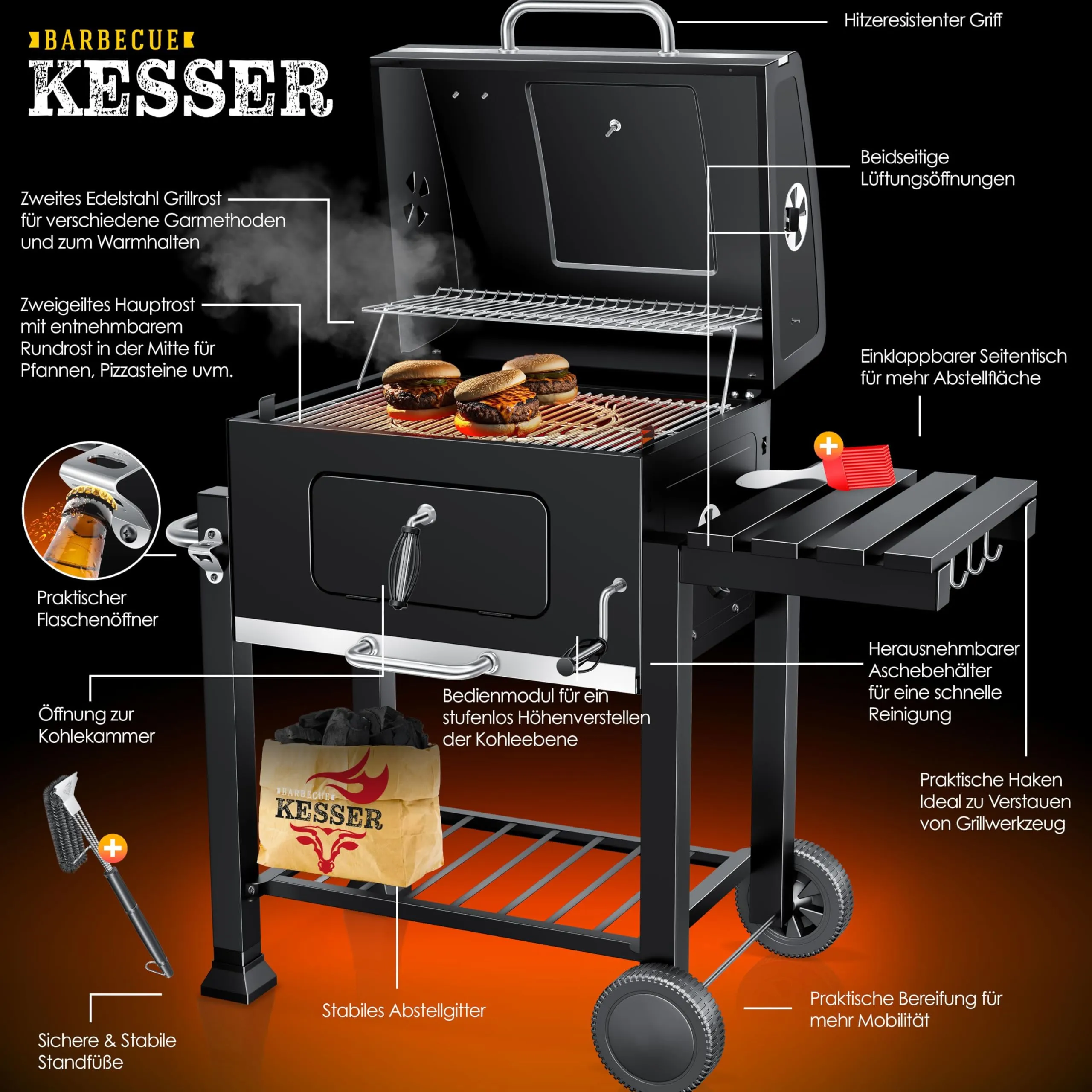KESSER Barbecue con Carrello XL a carbonella con Coperchio, Ruote, Termometro e Manico in Acciaio Inox - immagine 3