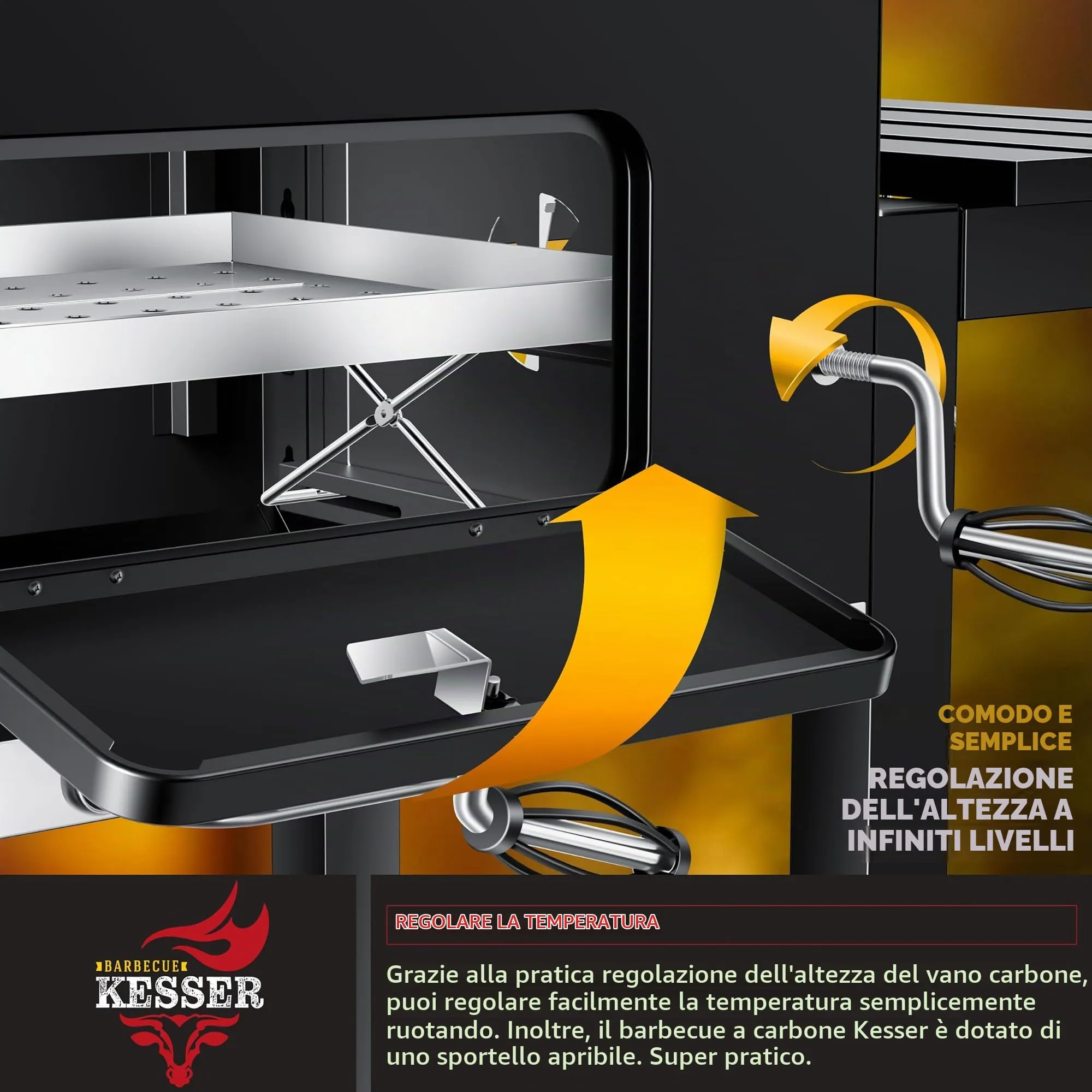 KESSER Barbecue con Carrello XL a carbonella con Coperchio, Ruote, Termometro e Manico in Acciaio Inox - immagine 5