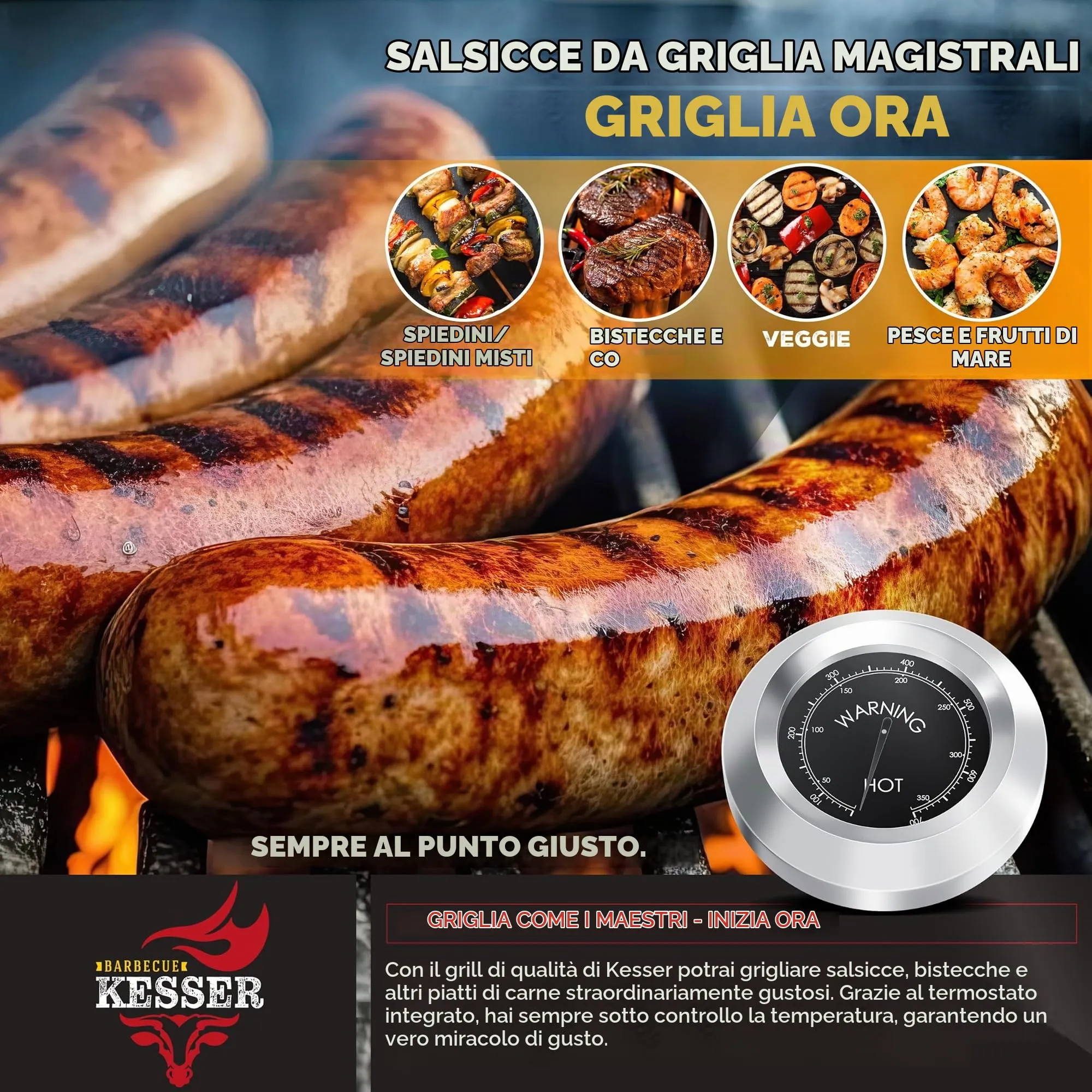 KESSER Barbecue con Carrello XL a carbonella con Coperchio, Ruote, Termometro e Manico in Acciaio Inox - immagine 6