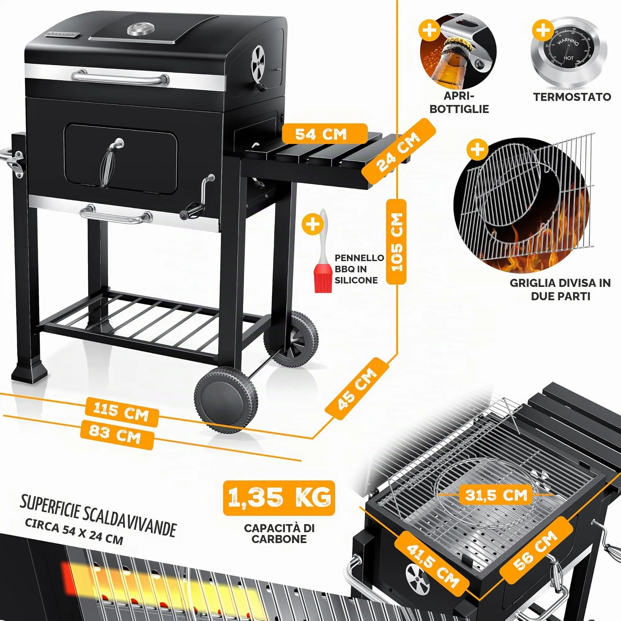 KESSER Barbecue con Carrello XL a carbonella con Coperchio, Ruote, Termometro e Manico in Acciaio Inox - immagine 7