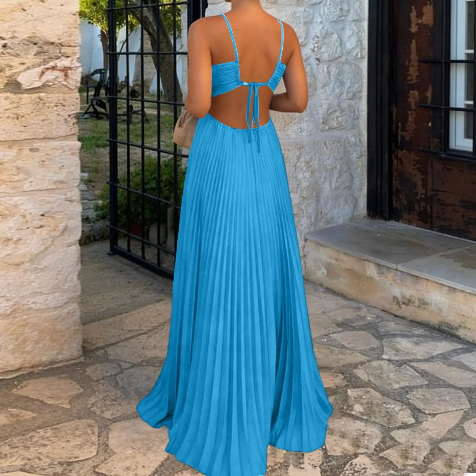TOFOTL Abito Maxi Donna Estivo Plissettato Blu XL - immagine 3