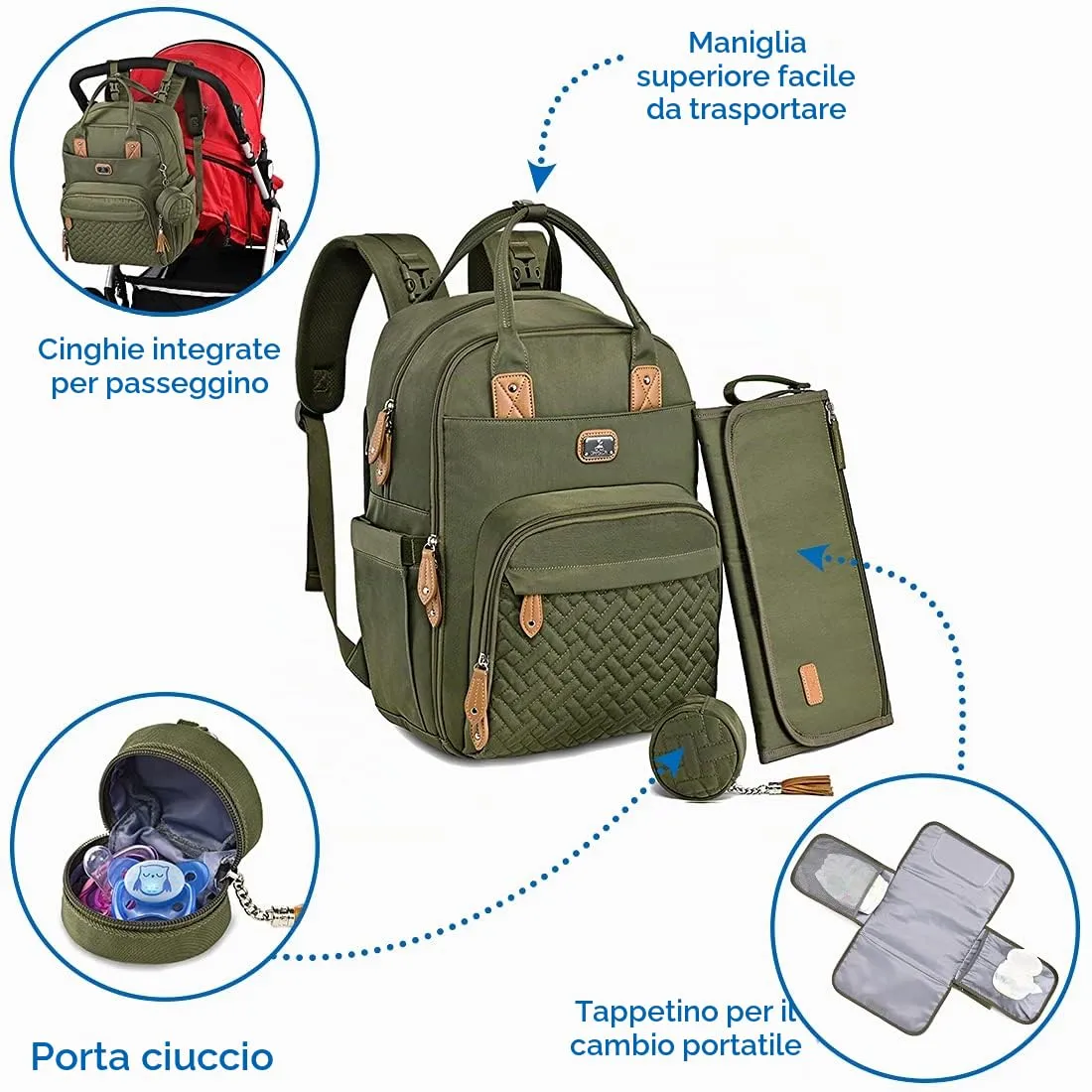 Dikaslon Zaino Fasciatoio Grande con Fasciatoio e Porta Ciuccio, Verde Scuro - immagine 2