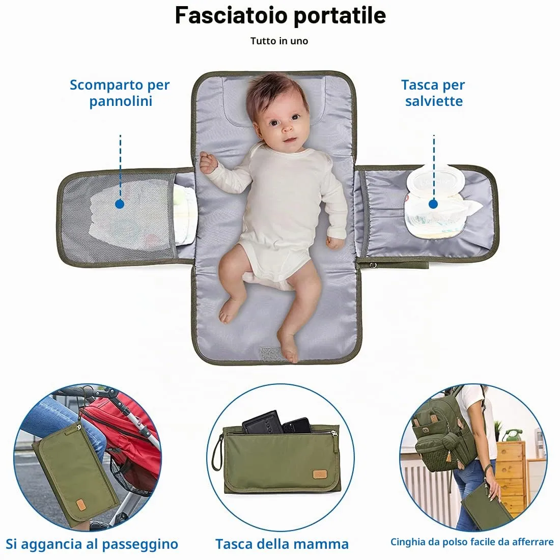 Dikaslon Zaino Fasciatoio Grande con Fasciatoio e Porta Ciuccio, Verde Scuro - immagine 5