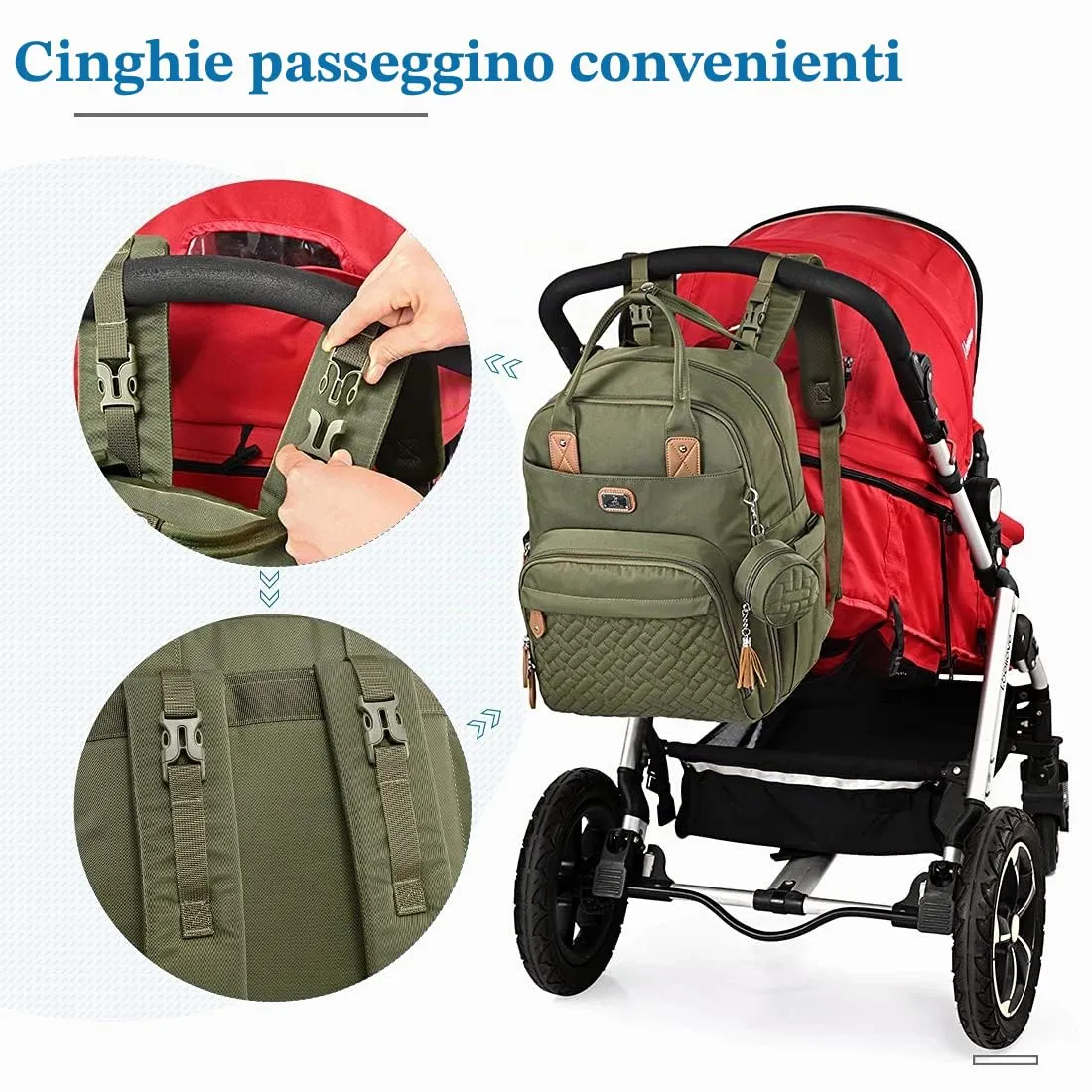 Dikaslon Zaino Fasciatoio Grande con Fasciatoio e Porta Ciuccio, Verde Scuro - immagine 8