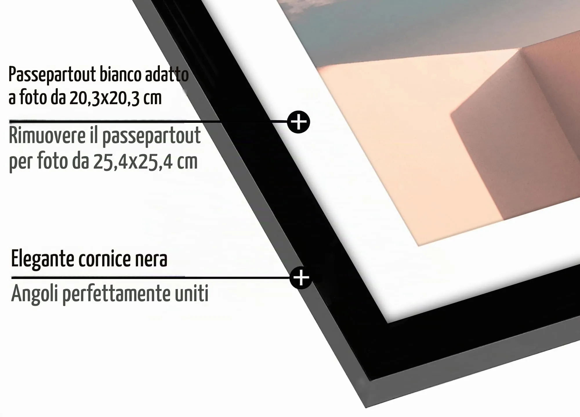 Americanflat Cornice 25x25 cm Nera per Foto 20x20 cm con Passepartout o 25x25 cm senza Passepartout, Bordo Sottile in PVC con Vetro Antiurto - immagine 3