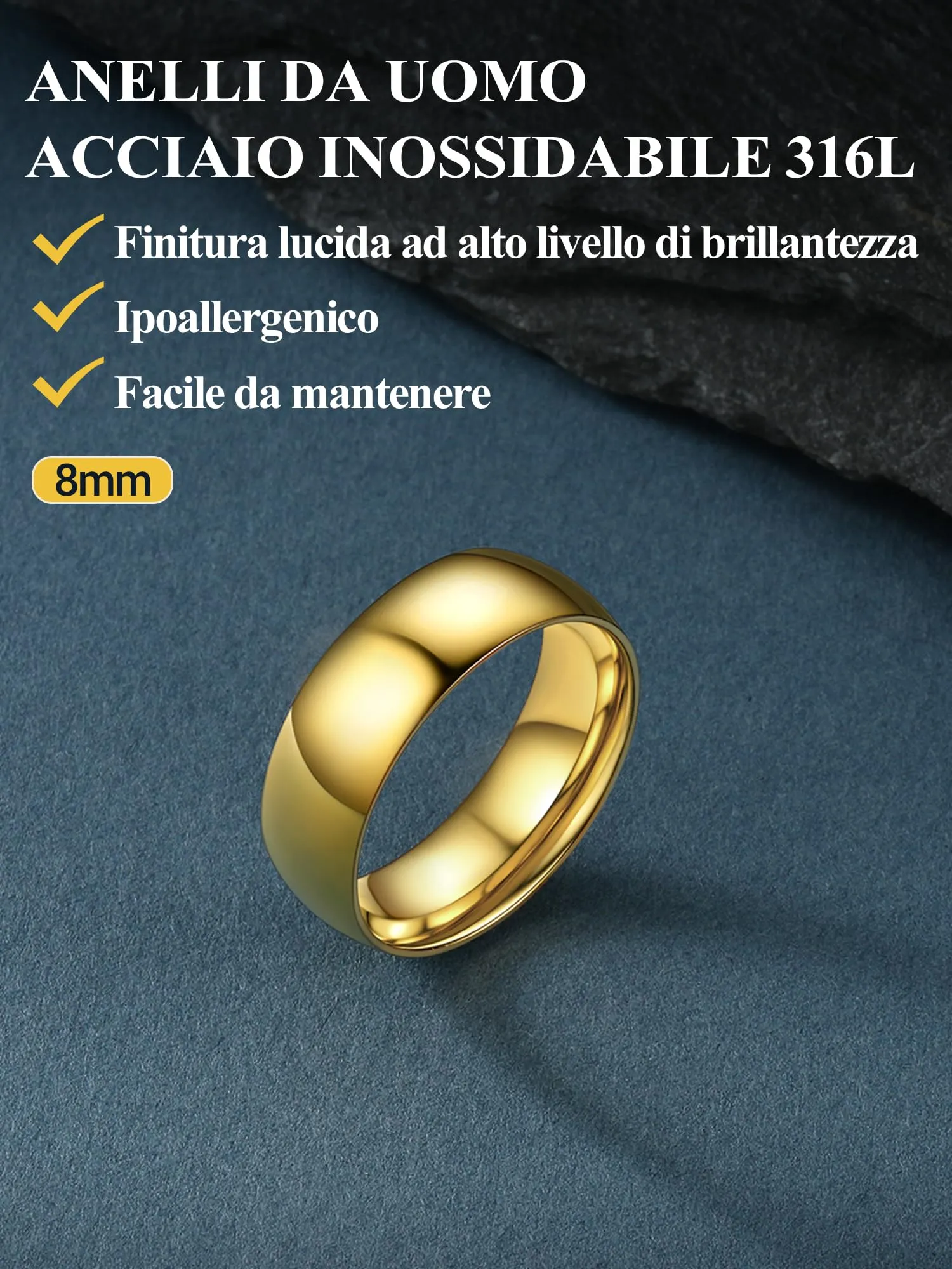 PROSTEEL Anello Incisione Personalizzata in Acciaio Inossidabile 8mm Taglia 19 Oro Placcato - immagine 5