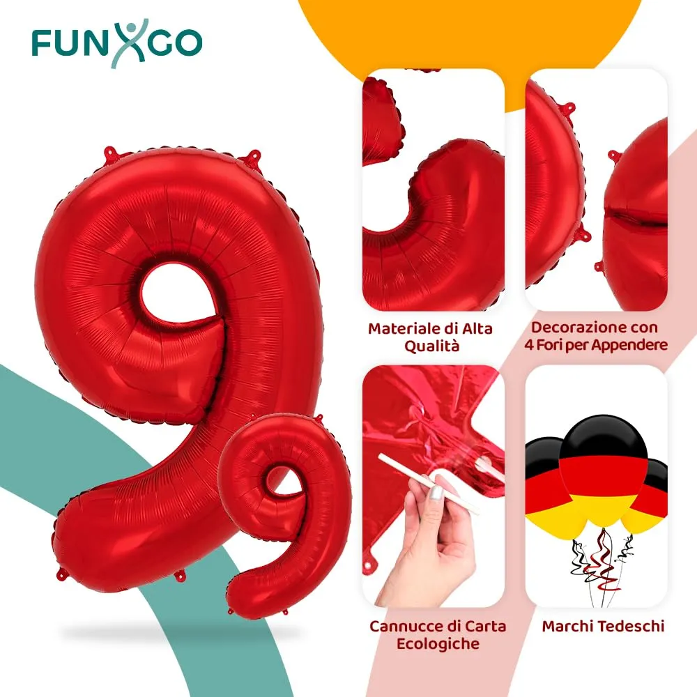 FUNXGO Palloncino Numero 9 Rosso - immagine 3