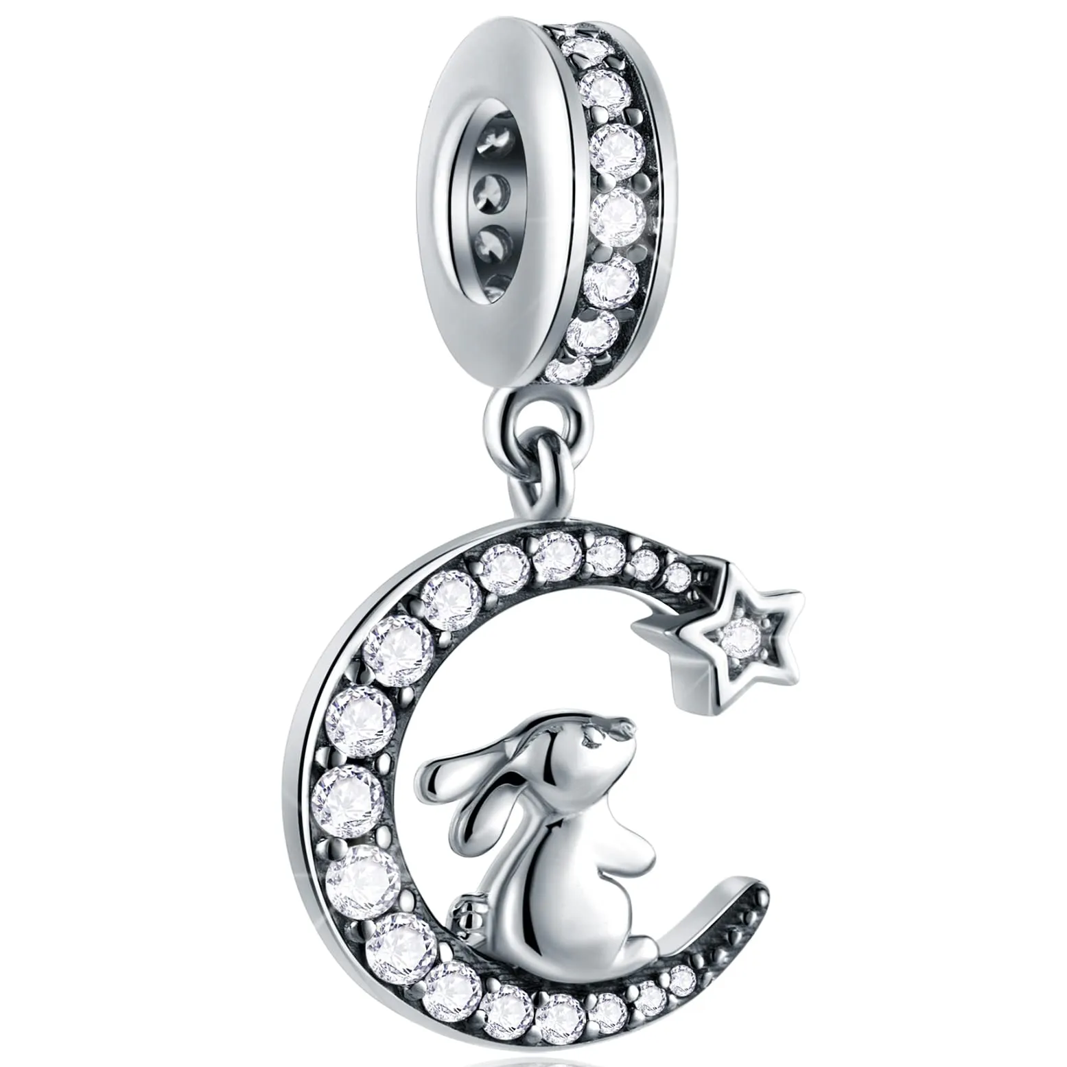 GLOWDAS Ciondolo Coniglio sulla Luna Crescente in Argento Sterling 925 e Zirconi CZ, Compatibile con Pandora - immagine 1