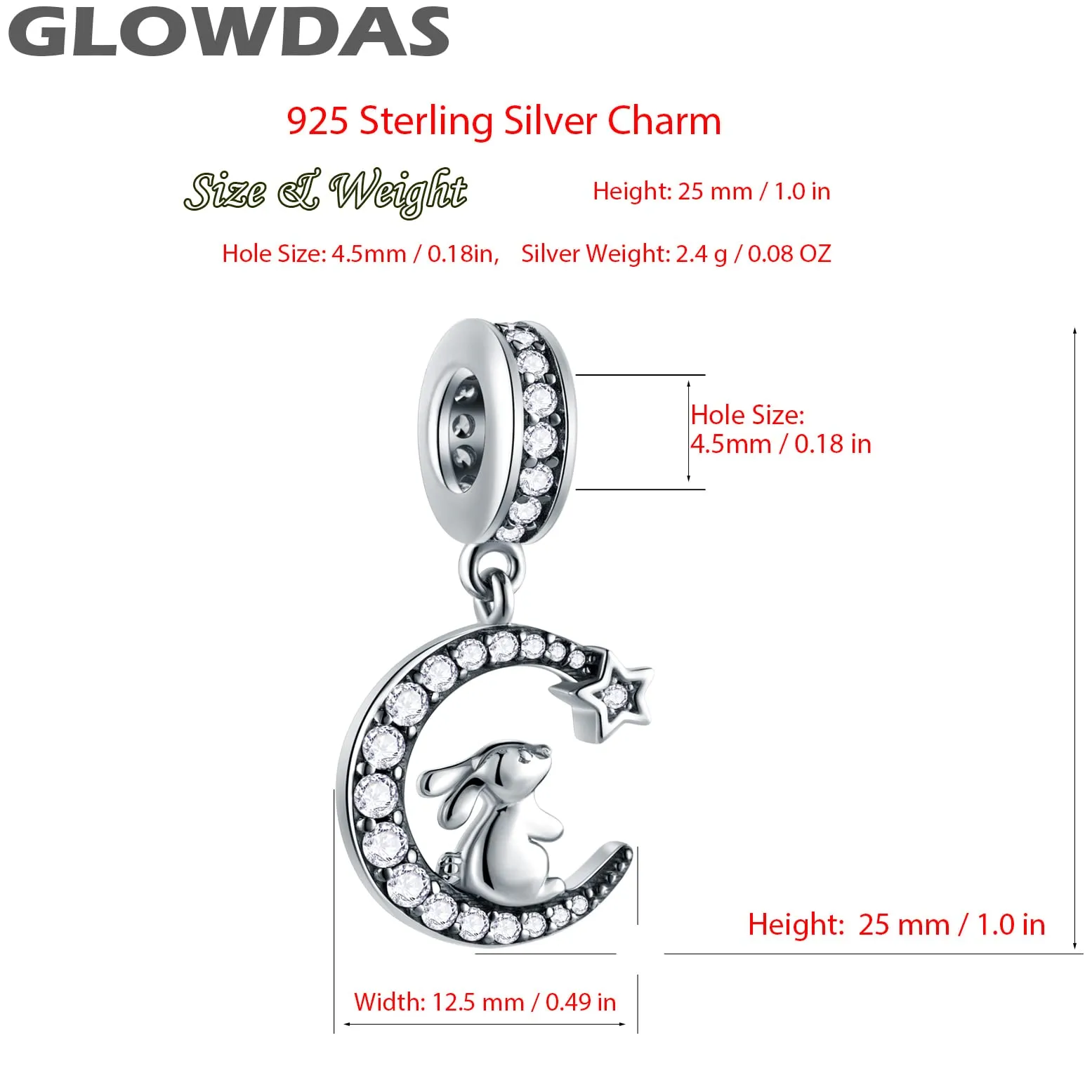 GLOWDAS Ciondolo Coniglio sulla Luna Crescente in Argento Sterling 925 e Zirconi CZ, Compatibile con Pandora - immagine 2