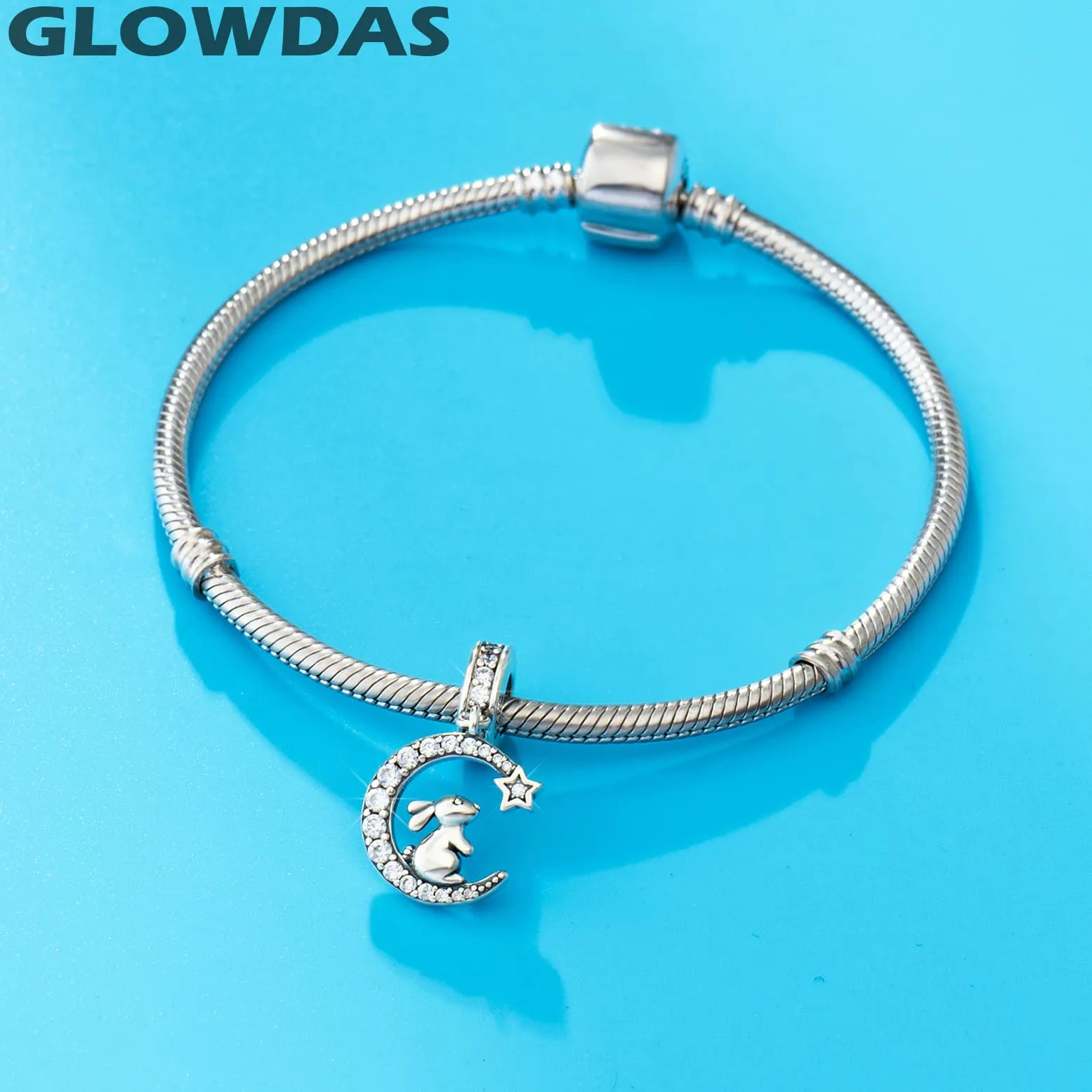 GLOWDAS Ciondolo Coniglio sulla Luna Crescente in Argento Sterling 925 e Zirconi CZ, Compatibile con Pandora - immagine 3