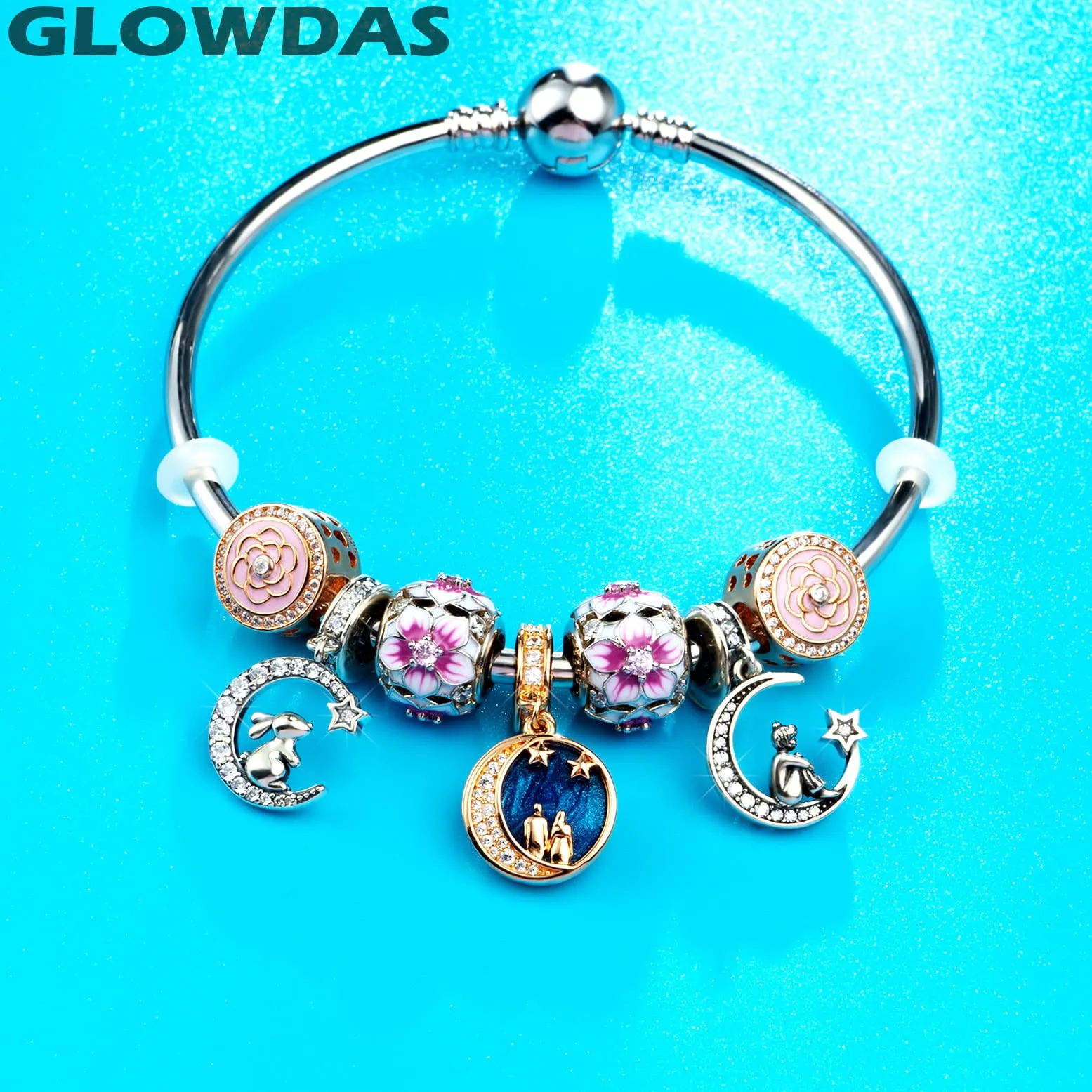 GLOWDAS Ciondolo Coniglio sulla Luna Crescente in Argento Sterling 925 e Zirconi CZ, Compatibile con Pandora - immagine 5