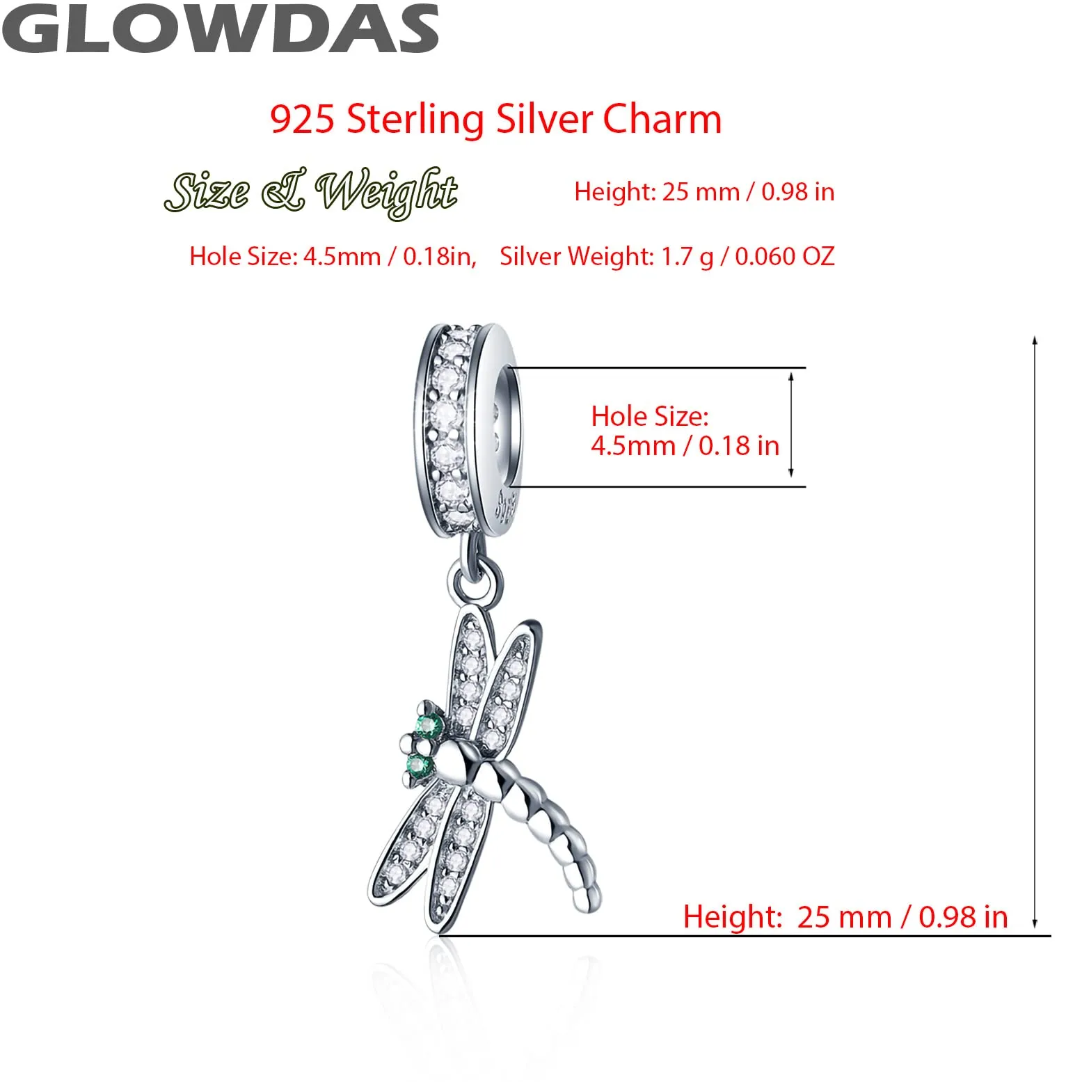 GLOWDAS Ciondolo Libellula in Argento Sterling 925 e Zirconi Cubici, Compatibile con Pandora - immagine 2