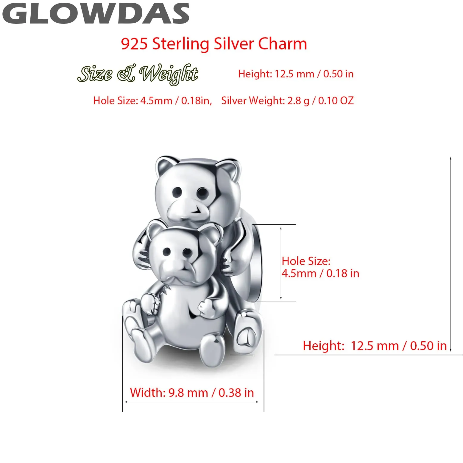 GLOWDAS Orsacchiotto Mamma e Bambino Charm in Argento Sterling 925 per Bracciale Pandora - immagine 2