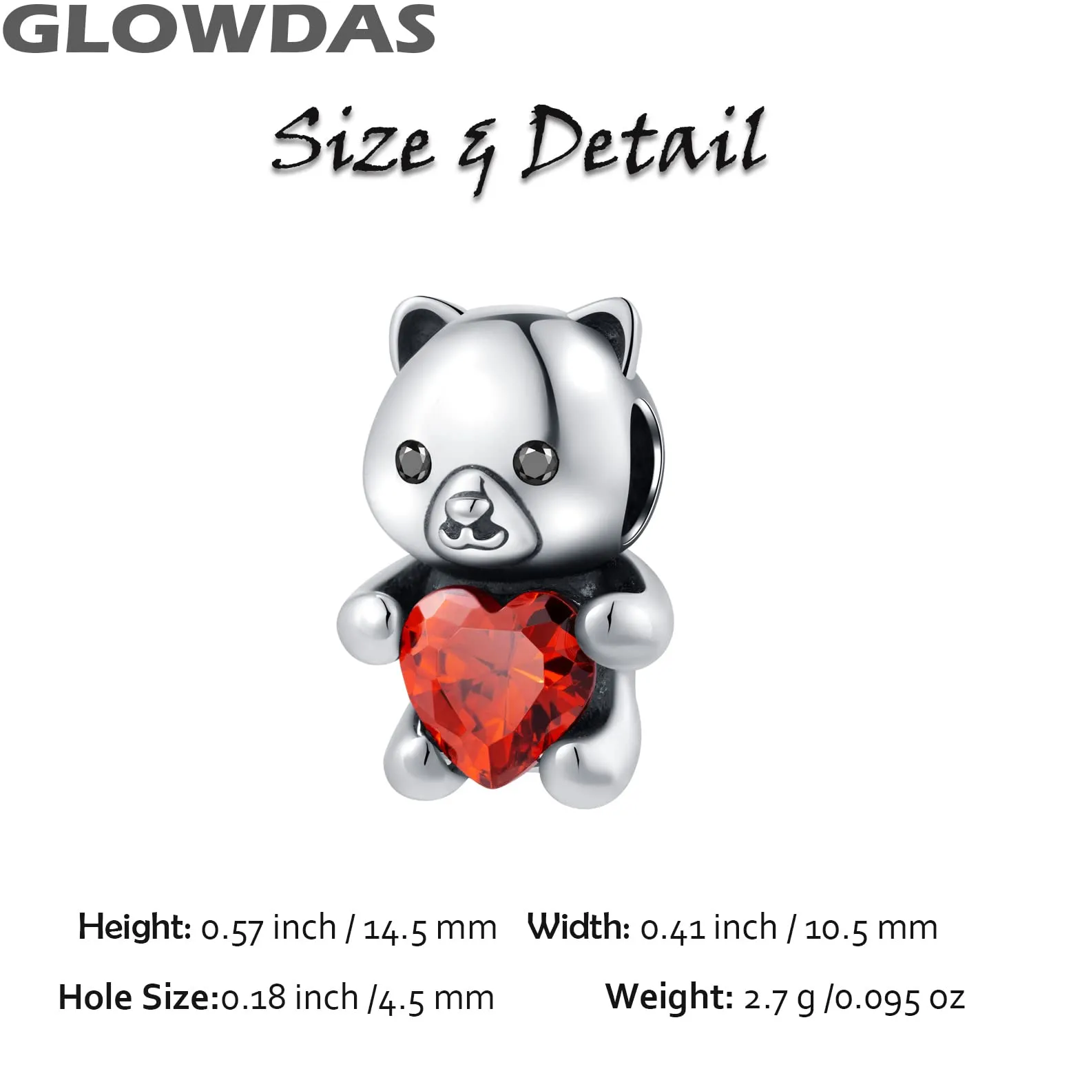 GLOWDAS Charms Orsacchiotto Abbraccio il mio Cuore Argento Sterling 925 con Granato CZ per Braccialetto Pandora - immagine 2