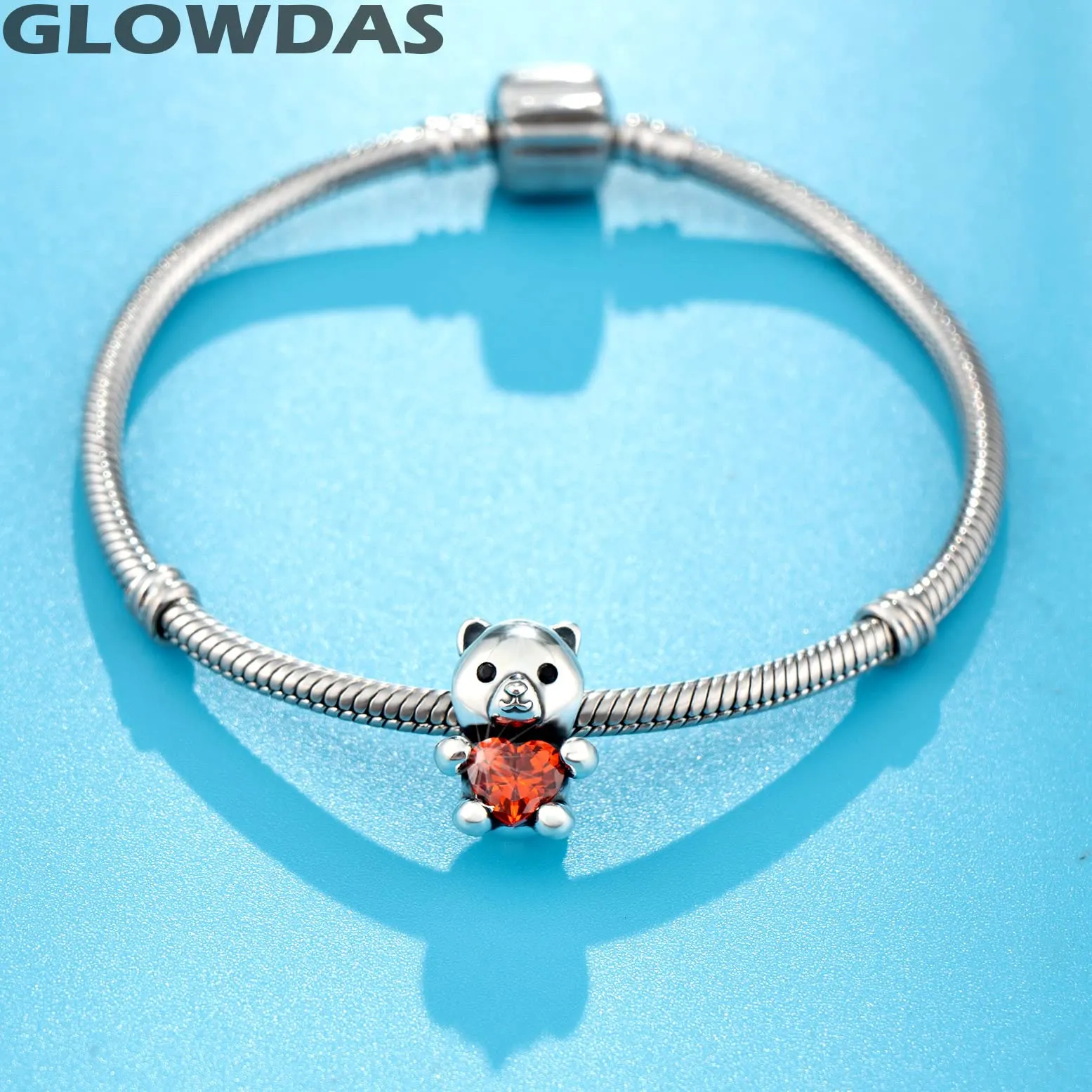 GLOWDAS Charms Orsacchiotto Abbraccio il mio Cuore Argento Sterling 925 con Granato CZ per Braccialetto Pandora - immagine 3