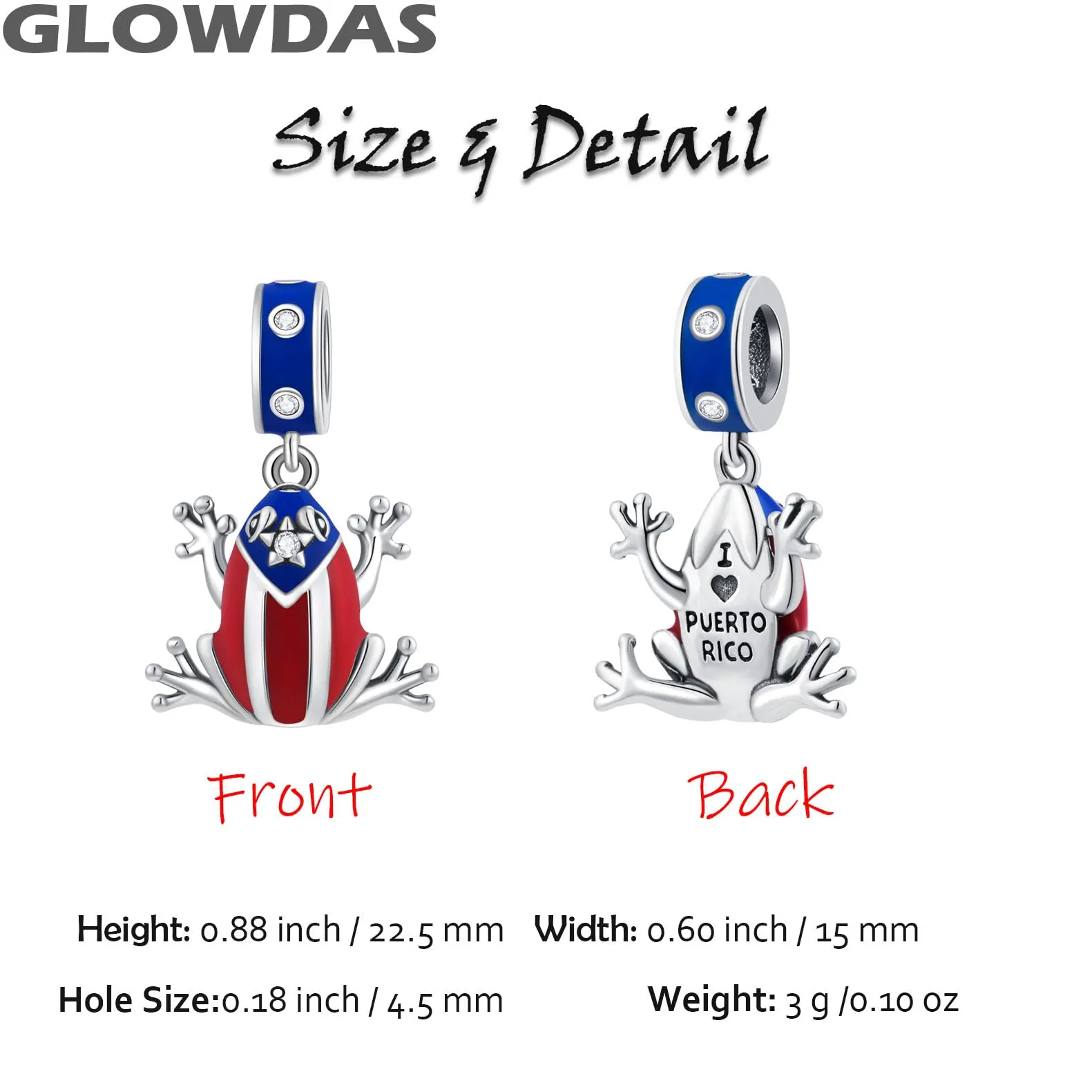 GLOWDAS Puerto Rico Coqui Frog Charm, 925 Sterling Silver Enamel and CZ, Fits Pandora Bracelets - immagine 2