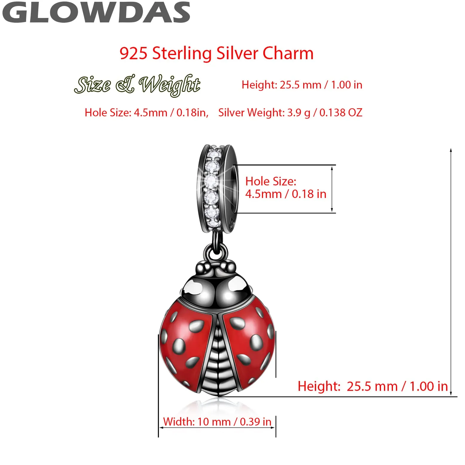 GLOWDAS Coccinella Charm in Argento Sterling 925 e Smalto Rosso per Bracciale e Collana compatibile con Pandora - immagine 2