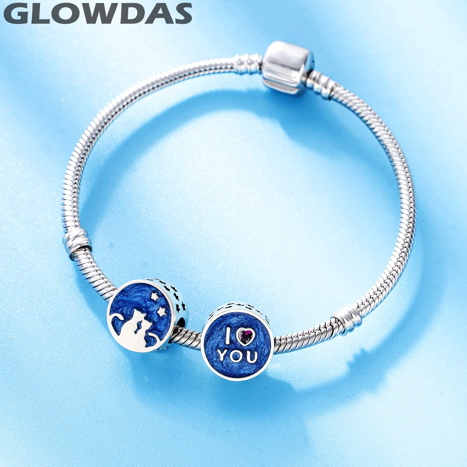GLOWDAS Coppia Gatto Charms Sotto Cielo Notturno Stellato, Argento Sterling 925 e Smalto Blu, Compatibile con Pandora - immagine 3