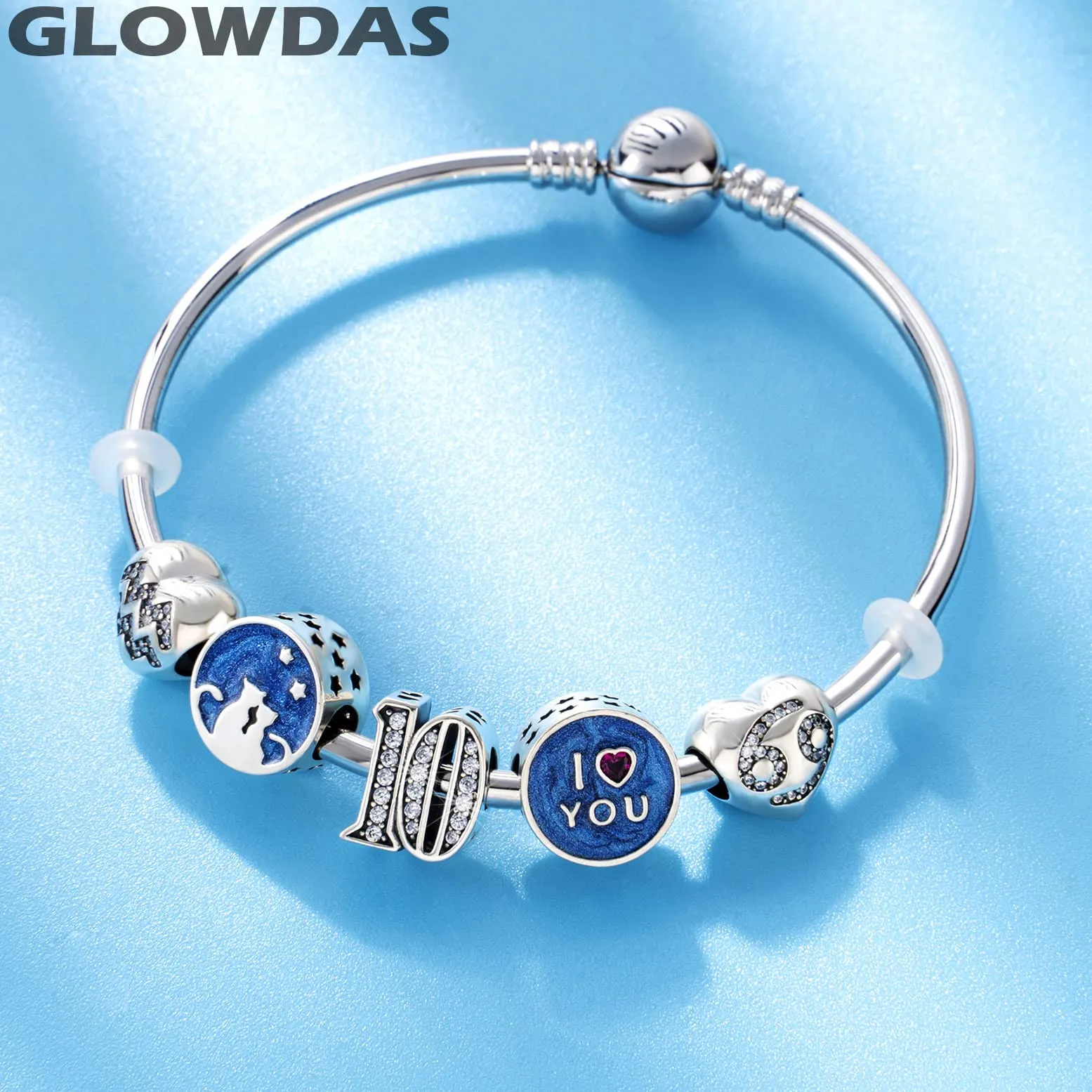 GLOWDAS Coppia Gatto Charms Sotto Cielo Notturno Stellato, Argento Sterling 925 e Smalto Blu, Compatibile con Pandora - immagine 5