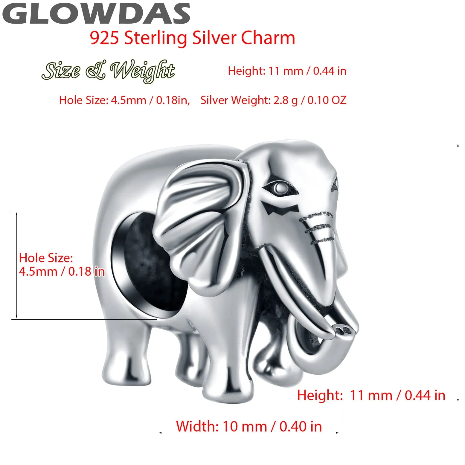 GLOWDAS Ellie the Elephant Charm, 925 Sterling Silver, Fits Pandora Bracelets and Necklaces - immagine 2