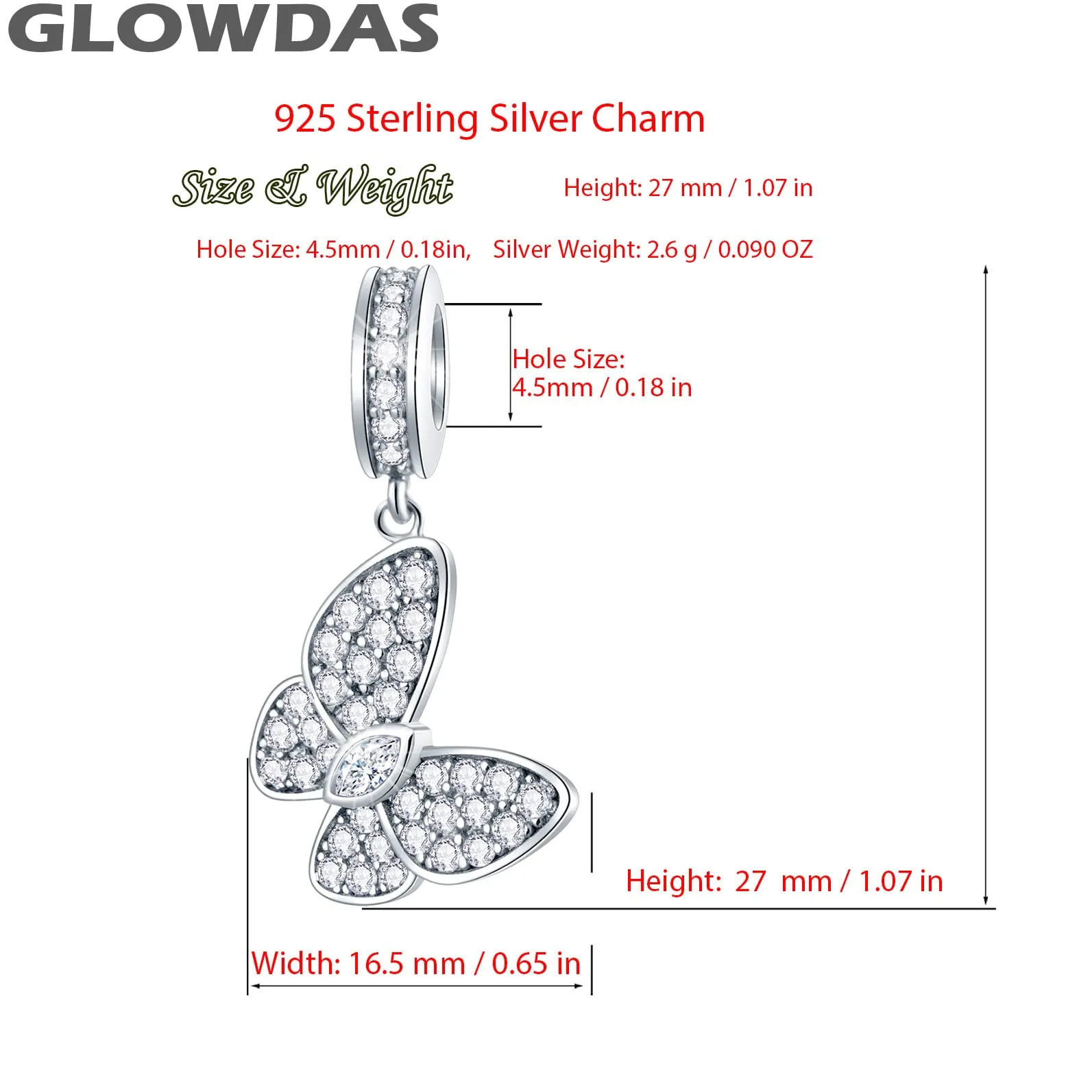GLOWDAS Ciondolo Charm Farfalla in Argento Sterling 925 e Zirconia Cubica Compatibile con Pandora - immagine 2