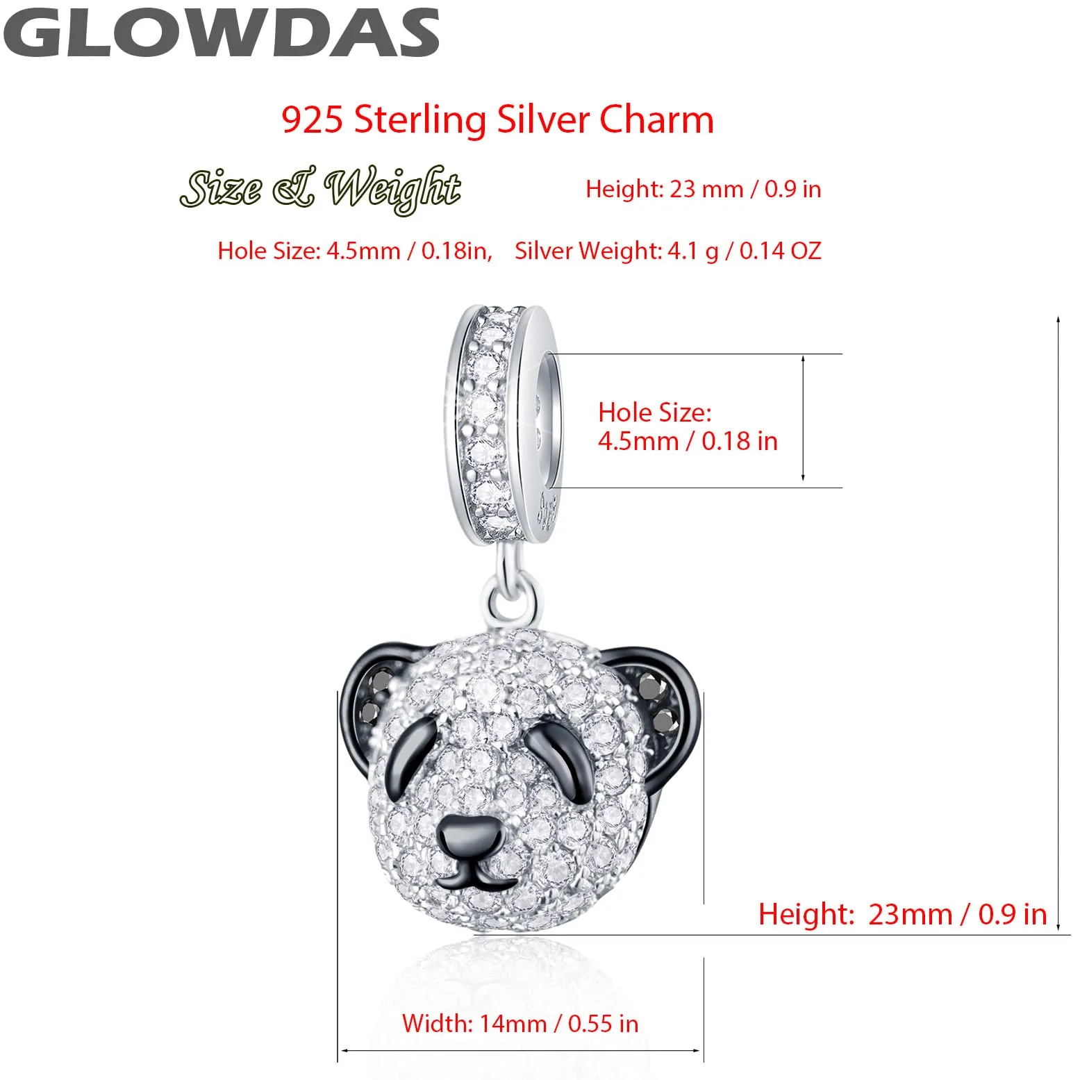 GLOWDAS Panda Testa Ciondolo Charms in Argento Sterling 925 e Zirconia Cubica per Bracciale Pandora - immagine 2