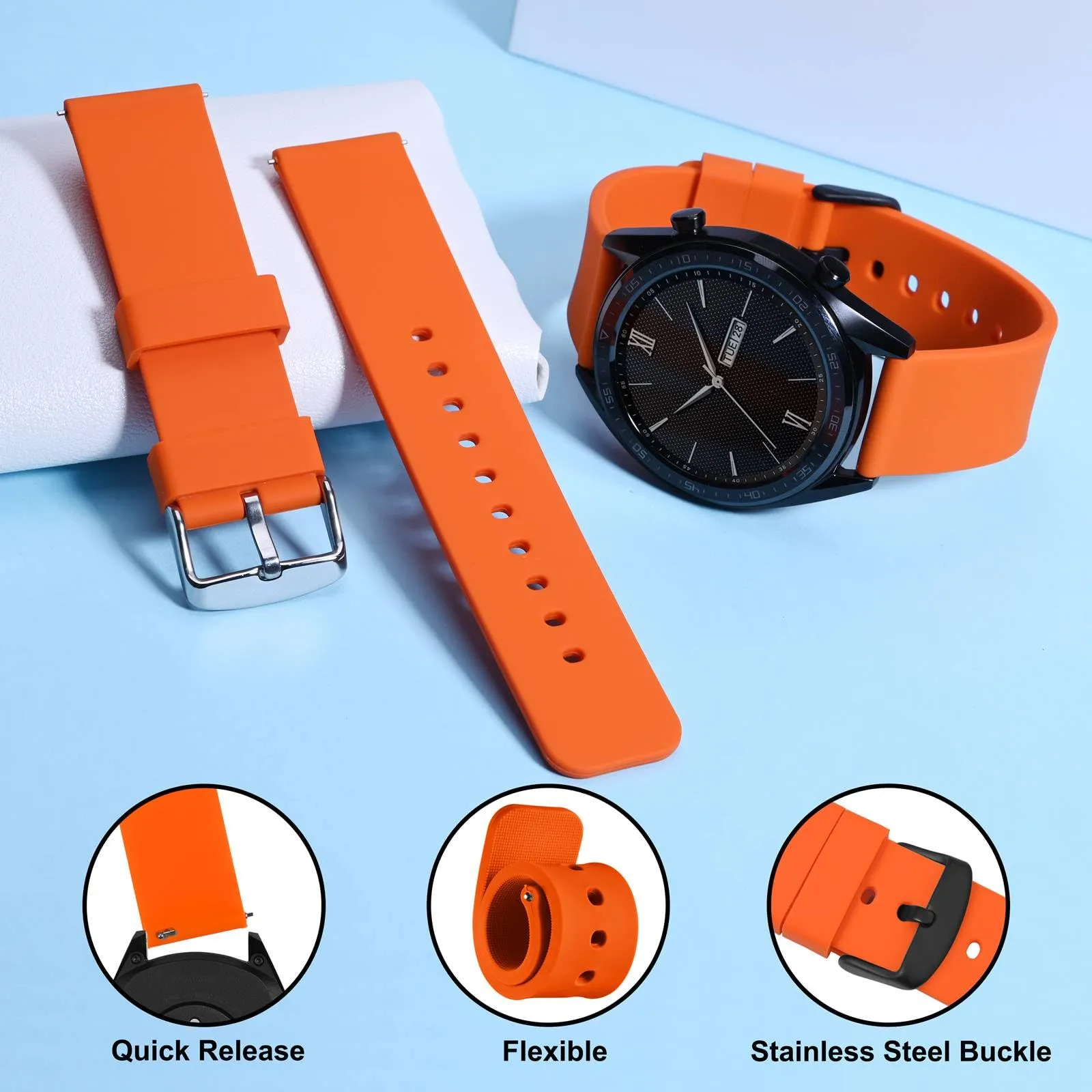 WOCCI Cinturino in Silicone per Orologio 16mm con Fibbia Nera, Arancio - immagine 3