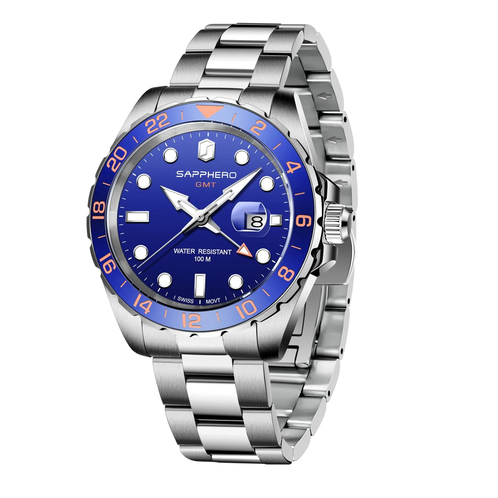 SAPPHERO SO2106 Orologio Uomo Analogico Al Quarzo Cronografo Impermeabile Cinturino in Acciaio Argento-Blu-Argento - immagine 1