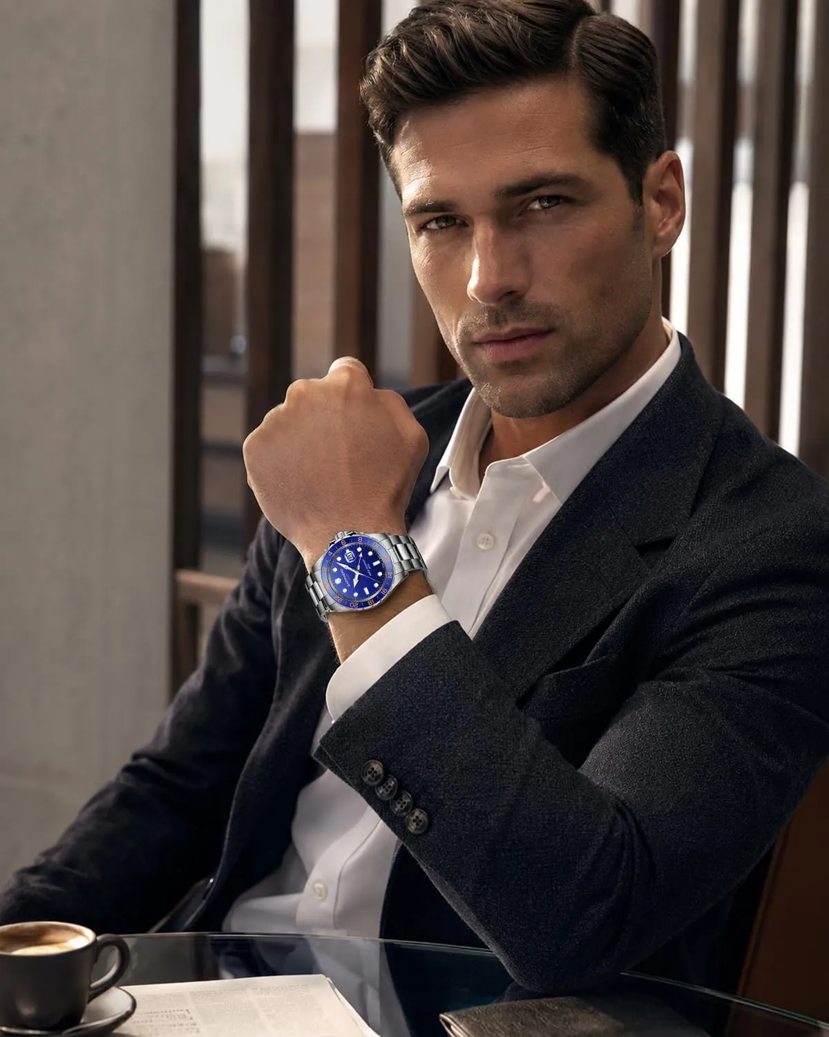 SAPPHERO SO2106 Orologio Uomo Analogico Al Quarzo Cronografo Impermeabile Cinturino in Acciaio Argento-Blu-Argento - immagine 2