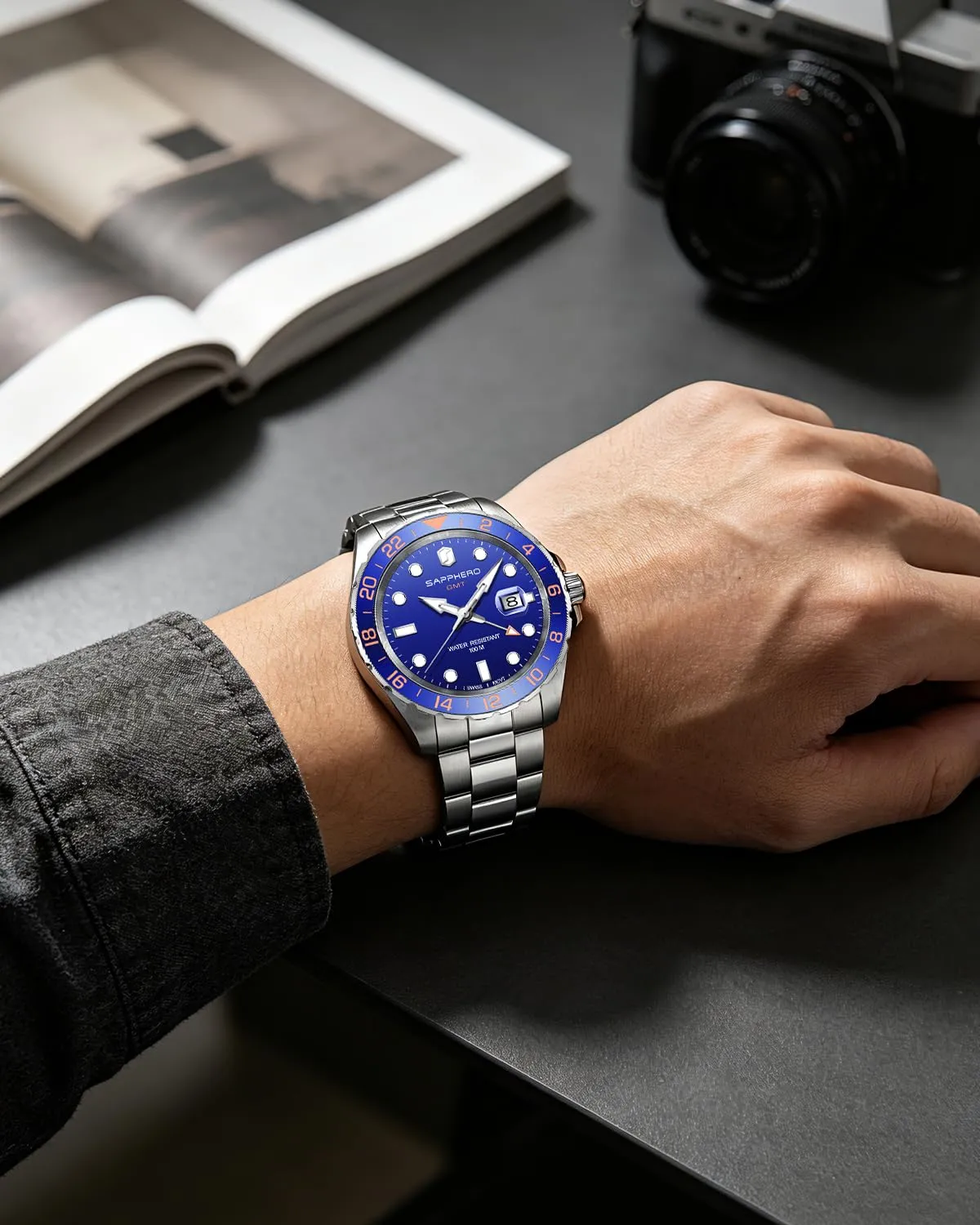 SAPPHERO SO2106 Orologio Uomo Analogico Al Quarzo Cronografo Impermeabile Cinturino in Acciaio Argento-Blu-Argento - immagine 3