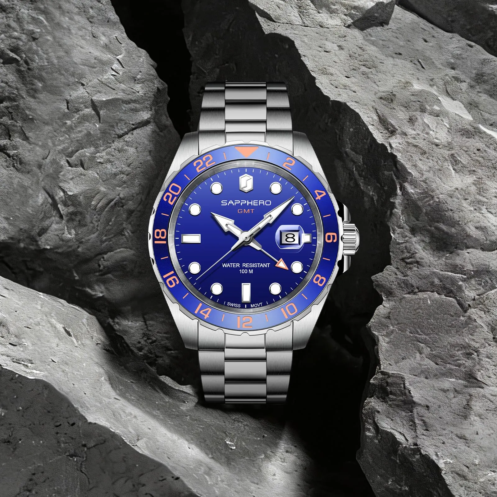 SAPPHERO SO2106 Orologio Uomo Analogico Al Quarzo Cronografo Impermeabile Cinturino in Acciaio Argento-Blu-Argento - immagine 4