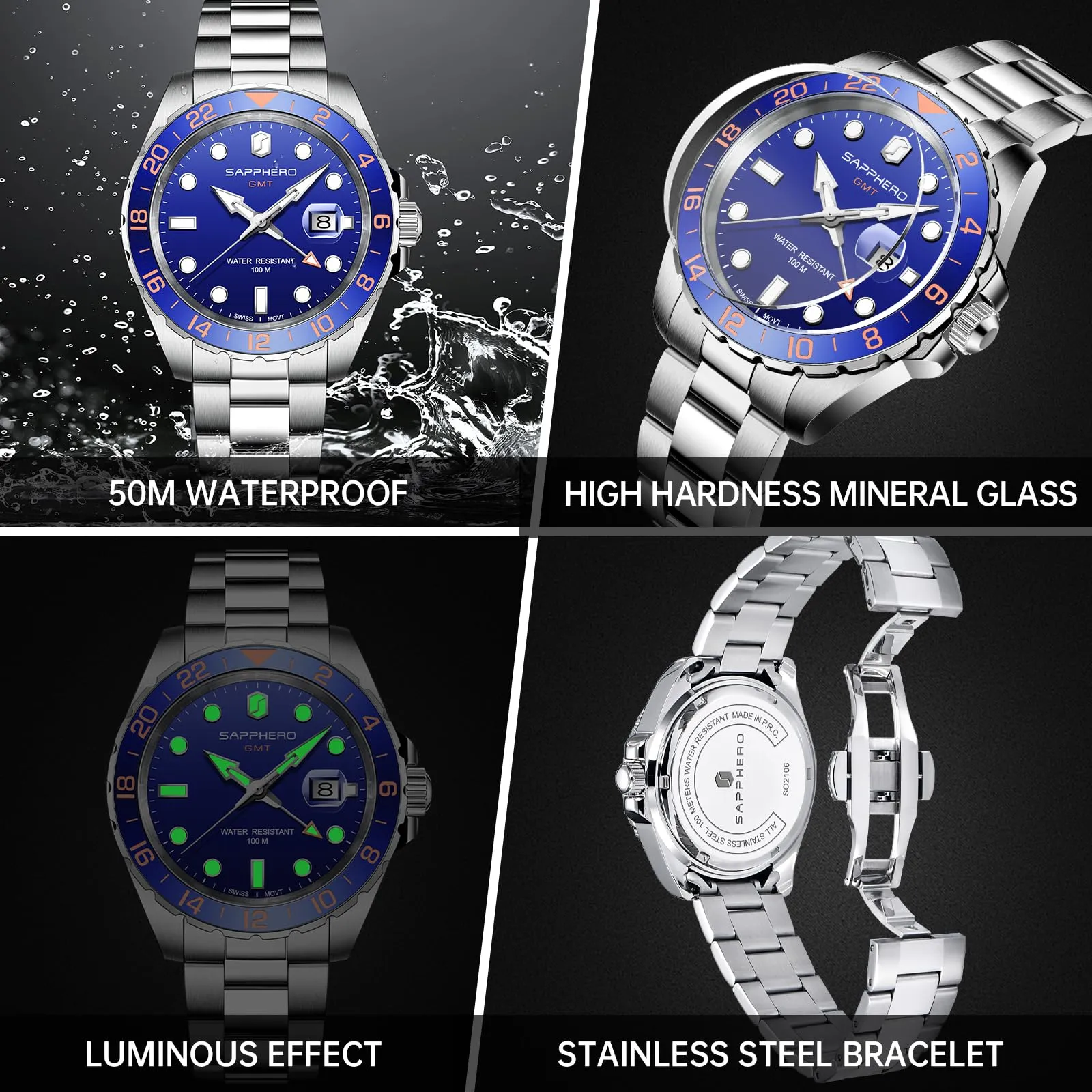 SAPPHERO SO2106 Orologio Uomo Analogico Al Quarzo Cronografo Impermeabile Cinturino in Acciaio Argento-Blu-Argento - immagine 5