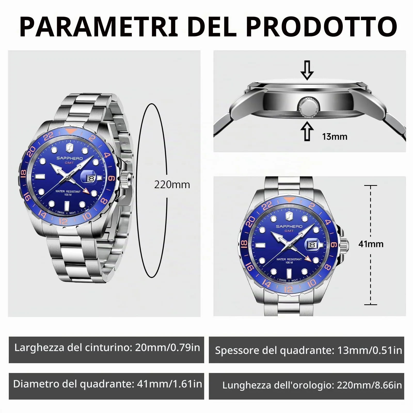 SAPPHERO SO2106 Orologio Uomo Analogico Al Quarzo Cronografo Impermeabile Cinturino in Acciaio Argento-Blu-Argento - immagine 6
