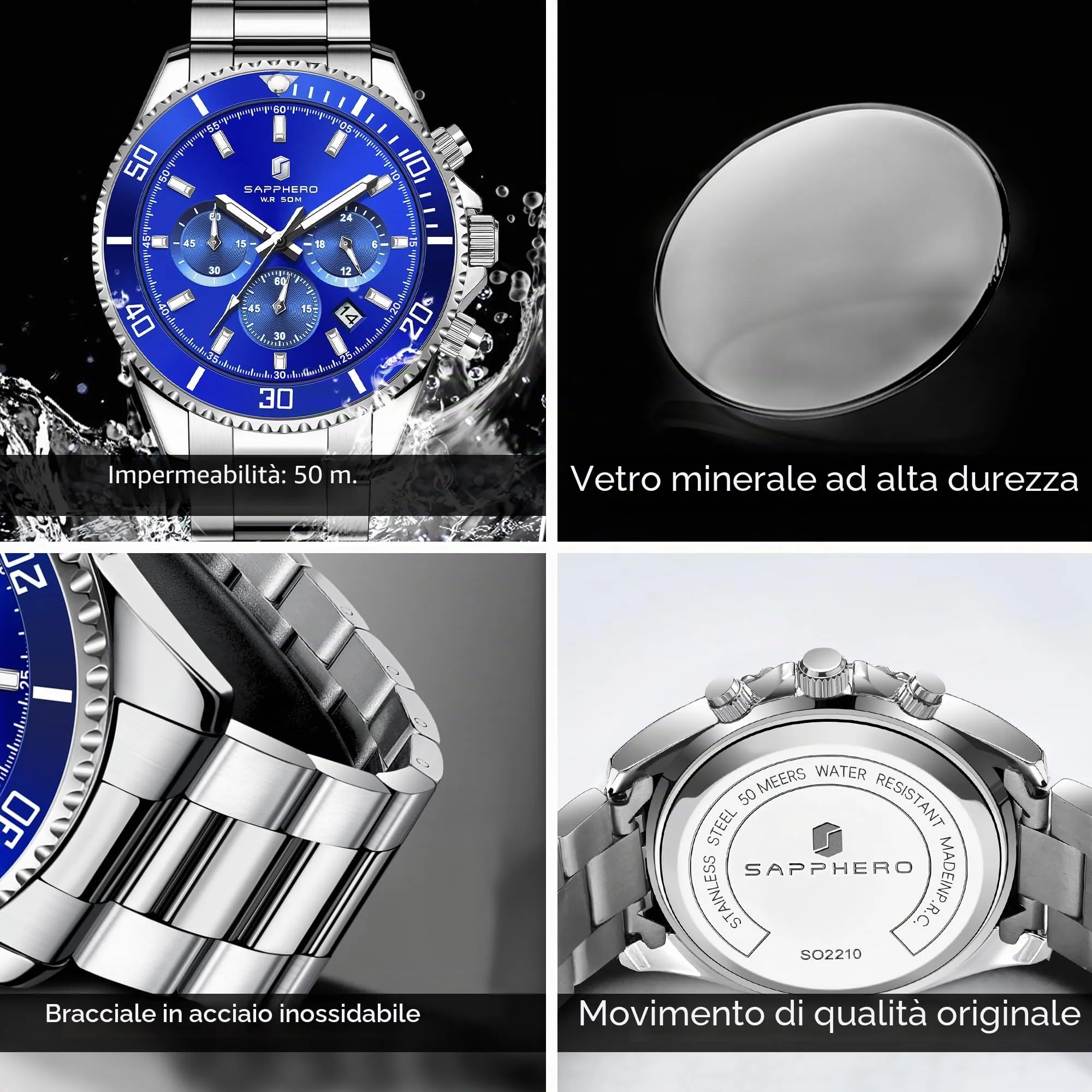 SAPPHERO Orologio Uomo Analogico al Quarzo Cronografo 50M Impermeabile in Acciaio SO2210-2 - immagine 4