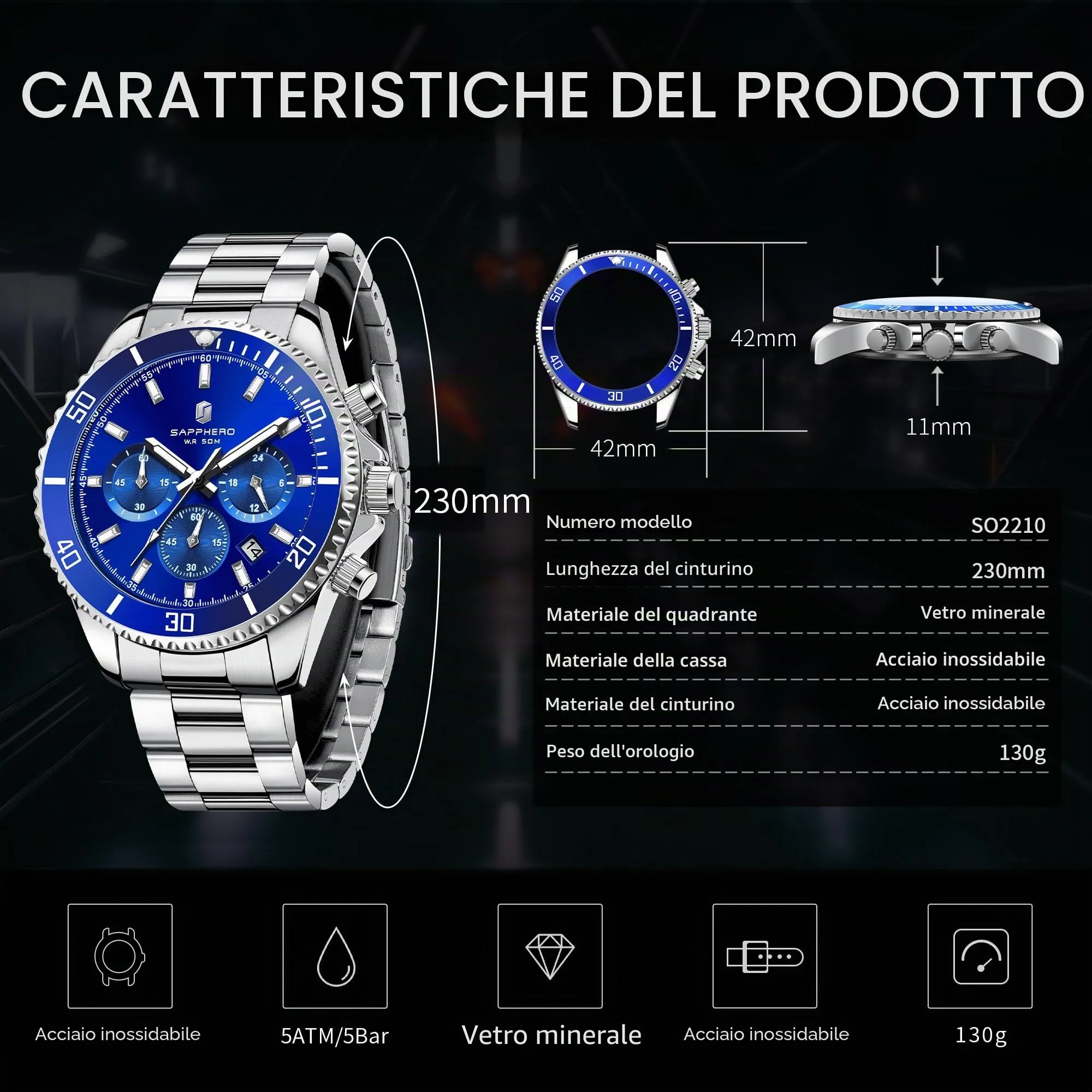 SAPPHERO Orologio Uomo Analogico al Quarzo Cronografo 50M Impermeabile in Acciaio SO2210-2 - immagine 5