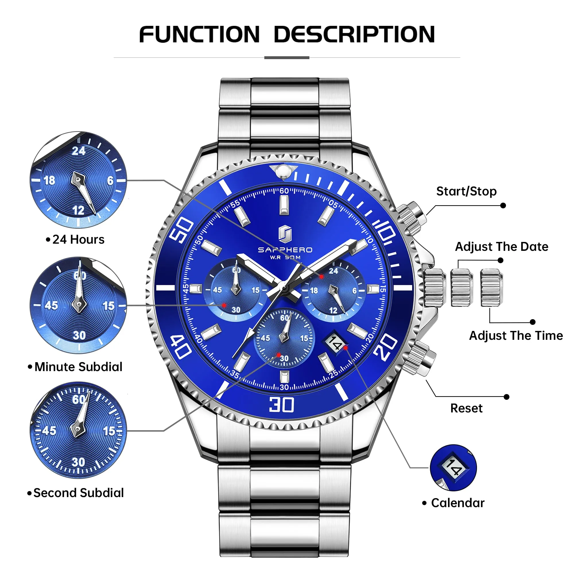 SAPPHERO Orologio Uomo Analogico al Quarzo Cronografo 50M Impermeabile in Acciaio SO2210-2 - immagine 7