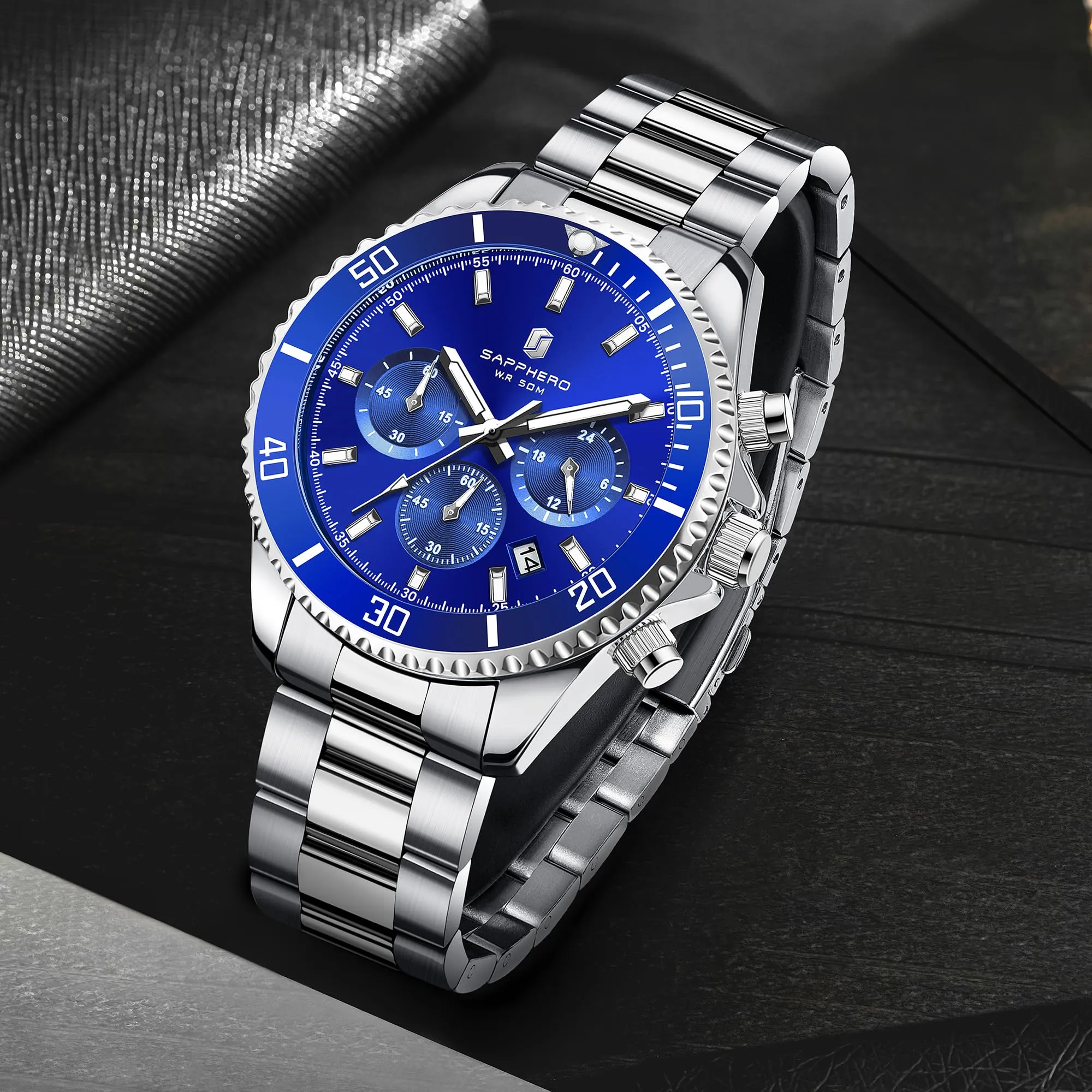 SAPPHERO Orologio Uomo Analogico al Quarzo Cronografo 50M Impermeabile in Acciaio SO2210-2 - immagine 8