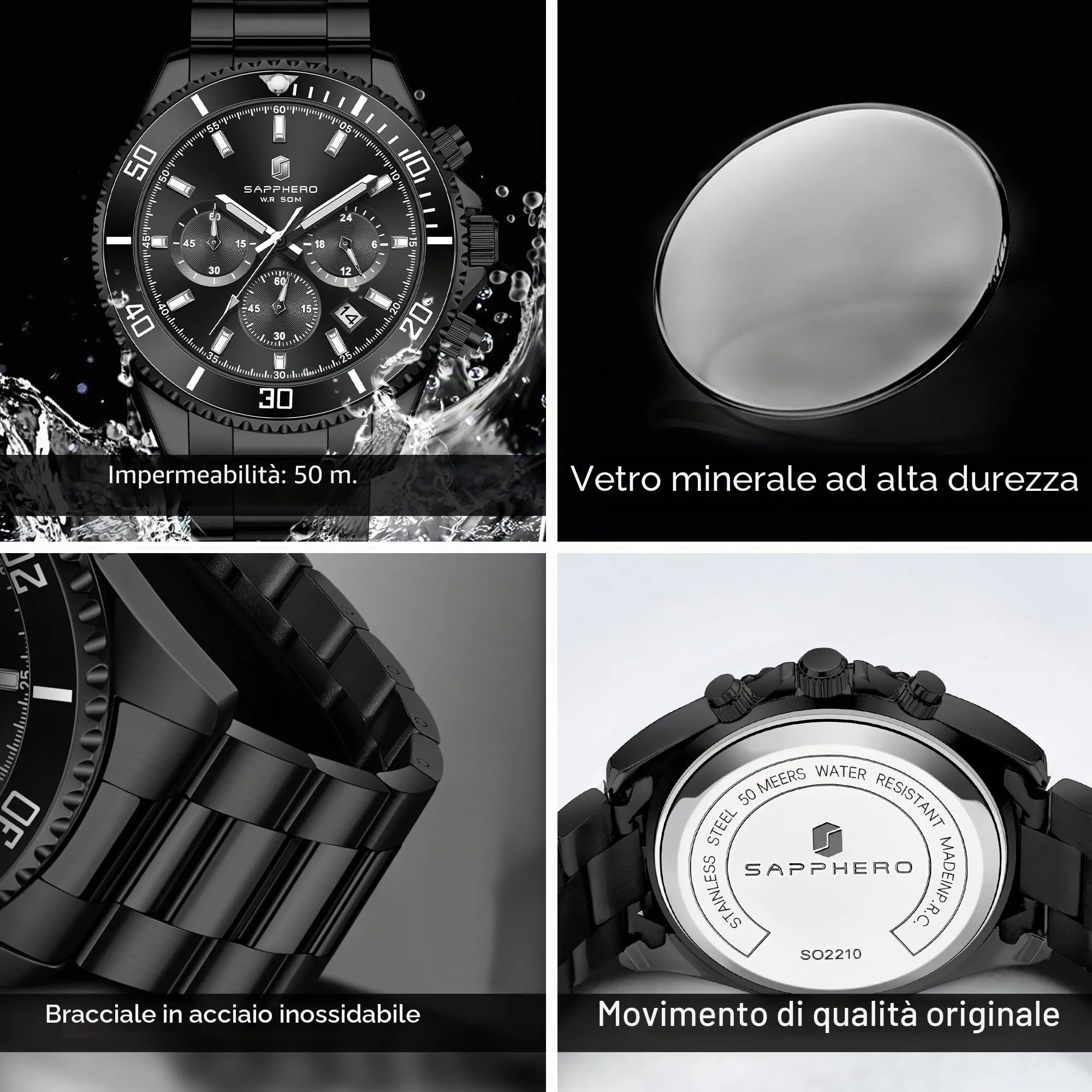 SAPPHERO Orologio Analogico al Quarzo Cronografo Uomo, Impermeabile 50M, Cinturino in Acciaio, SO2210-5 - immagine 4