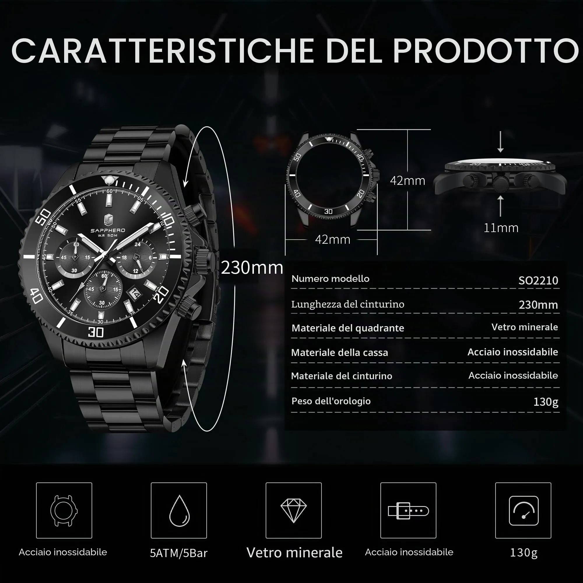 SAPPHERO Orologio Analogico al Quarzo Cronografo Uomo, Impermeabile 50M, Cinturino in Acciaio, SO2210-5 - immagine 5